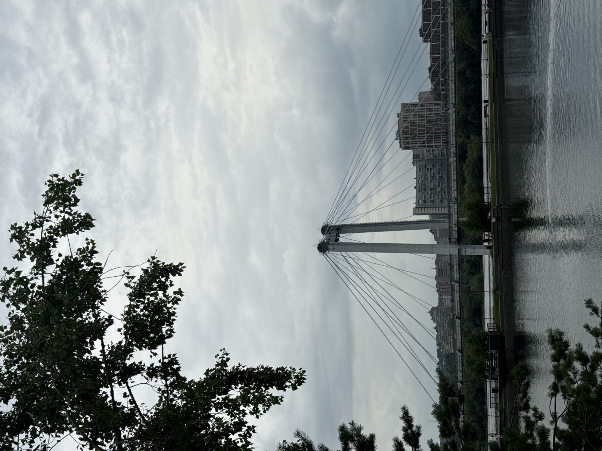 The image depicts a scene in Krasnoyarsk, Russia, featuring the Pokrovsky Bridge spanning the Yenisei River. In the foreground, lush green foliage from trees partially obscures the view, with branches and leaves framing the composition. A calm body of water, reflecting the overcast sky, occupies the lower portion of the image. Beyond the water, the Pokrovsky Bridge is the dominant structure, characterized by its two prominent concrete towers and a network of suspension cables. A city skyline with apartment buildings and other structures is visible in the background, partially screened by trees along the riverbank. Several indistinct figures are present along the waterfront promenade, suggesting public activity. The sky is heavily overcast with gray clouds, creating a subdued and somewhat somber atmosphere. The overall scene captures a view of urban infrastructure integrated with natural elements.