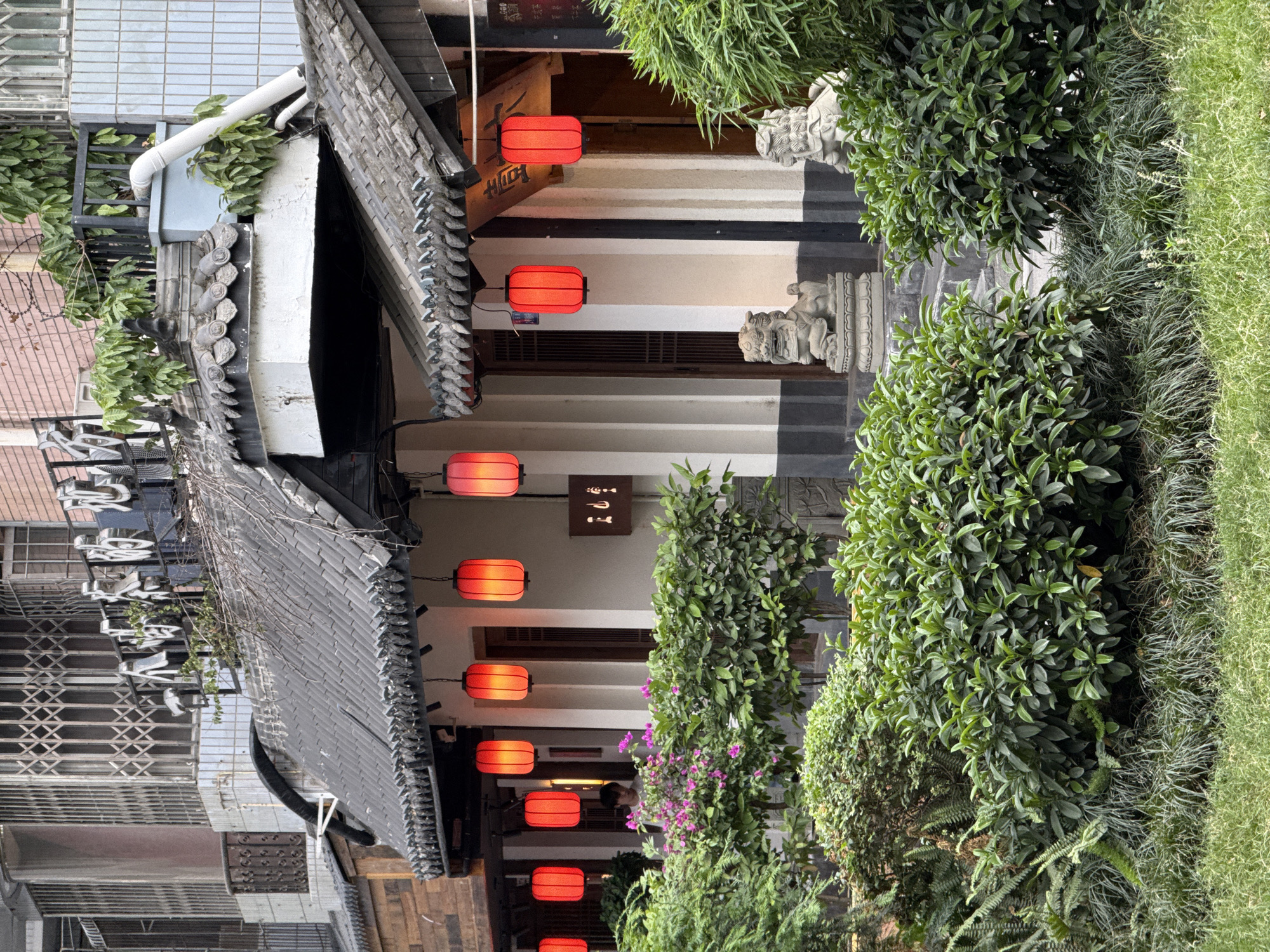 This image captures the facade of a traditional Chinese-style building, likely a commercial establishment, in the Wuhou District of China. The building features a dark grey tiled roof with prominent eaves and white-painted walls on its lower level. Six illuminated red cylindrical lanterns are suspended from the eaves. Above this structure, a modern multi-story building, constructed with pinkish brick and light grey tiles, is visible, displaying multiple windows fitted with metal security grilles.
In the immediate foreground and surrounding the traditional building's base is a meticulously maintained garden area, dense with various green bushes, shrubs, and groundcover. A cluster of plants bearing small pink flowers is present near the left side of the building. Two grey stone guardian lion statues (foo dogs) stand on pedestals, partially obscured by the foliage, flanking what appears to be an entrance. A metallic sign with white Chinese characters is mounted above the traditional building's main facade, partially interwoven with dark foliage. A smaller, darker sign with white icons or characters is fixed to the wall to the right of the central lanterns.
One individual, appearing to be a male in a light-colored top, is partially visible inside one of the left-hand doorways of the traditional building, looking outwards. Various white pipes and an external unit are affixed to the exterior of the modern building in the background. The scene is lit by diffused daylight, indicating an overcast sky.