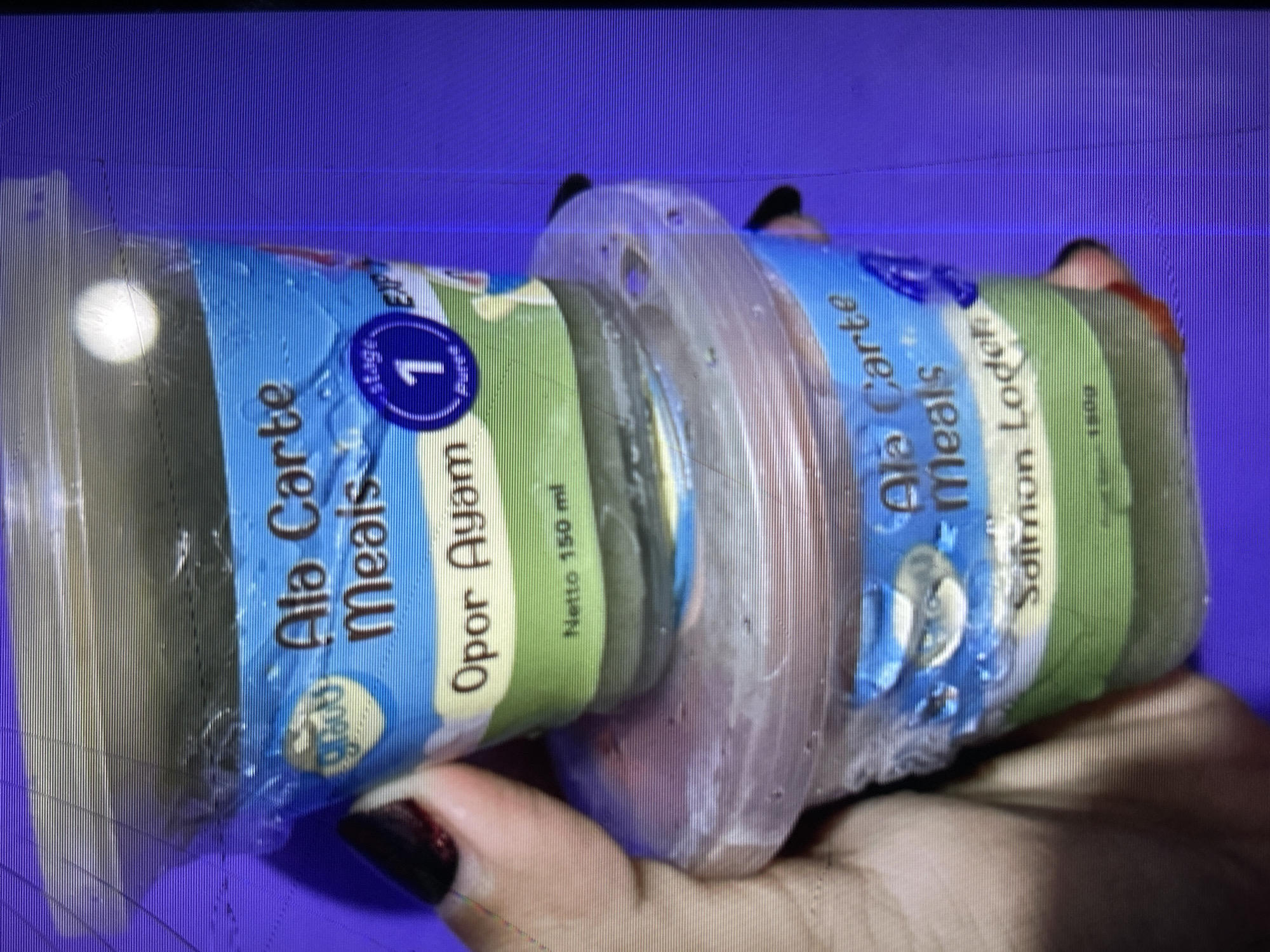 The image shows two plastic containers of baby food stacked on top of each other. The top container has a label that reads "Opor Ayam" and "Netto 150 ml". The bottom container has a label that reads "Salmon Lodeh". Both containers are held by a hand with red-painted fingernails. The background is a blurry purple color, suggesting the photo was taken indoors with artificial lighting. There are no identifiable landmarks or contextual cues in the image to suggest a specific location in Depok, Indonesia.