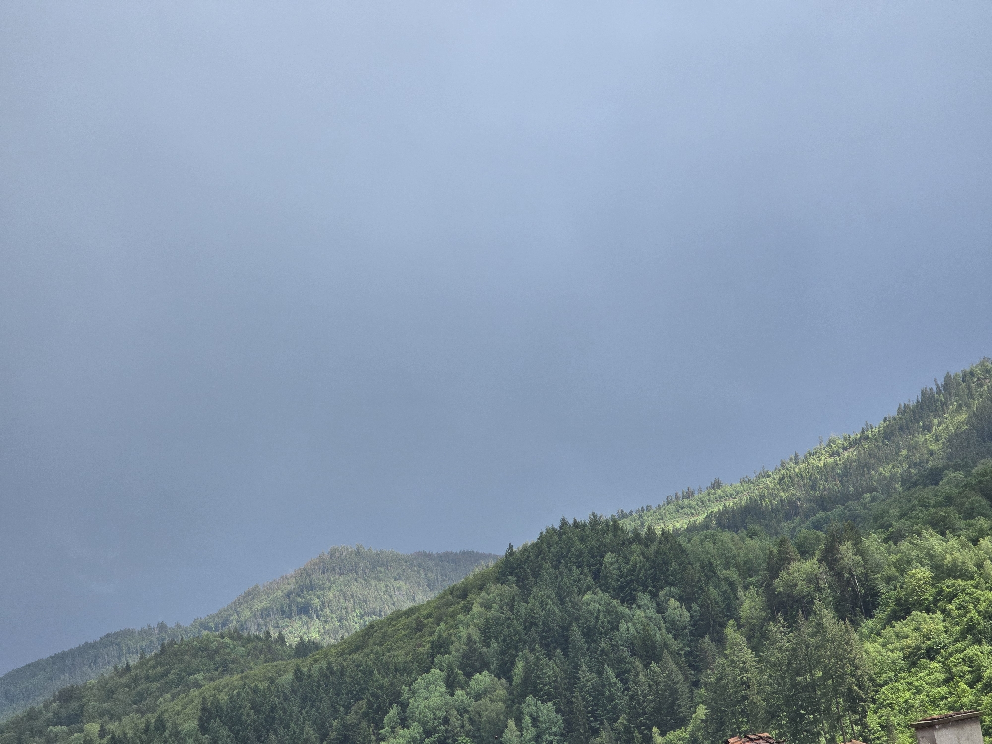 The image captures a vast, verdant mountainous landscape under an expansive, overcast sky. Approximately two-thirds of the frame is dominated by a uniform, muted grey-blue sky, indicating heavy cloud cover or an impending storm.
The lower third of the photograph reveals several layers of rolling hills or mountains, densely covered in lush green forestation. In the foreground, on the right side, a steep slope bursts with vibrant green trees, appearing well-lit despite the cloudy sky. These trees are a mix of coniferous and possibly some deciduous species, forming a rich texture of foliage. Further into the distance, towards the left, another mountain ridge emerges, also forested but appearing softer and slightly darker due to atmospheric haze and distance. The peaks of some distant mountains are just visible against the low-hanging clouds.
At the very bottom right corner of the frame, a small glimpse of human presence is evident: a section of a terracotta-tiled roof and a light-colored, rectangular structure, possibly a chimney or part of a building, can be seen.
The time of day appears to be daylight, but the diffused light suggests a cloudy day, perhaps late morning or afternoon. No specific activity or individuals are visible. The overall scene conveys a sense of natural beauty, tranquility, and the raw majesty of a forested mountain range. There is no visible text in the image.