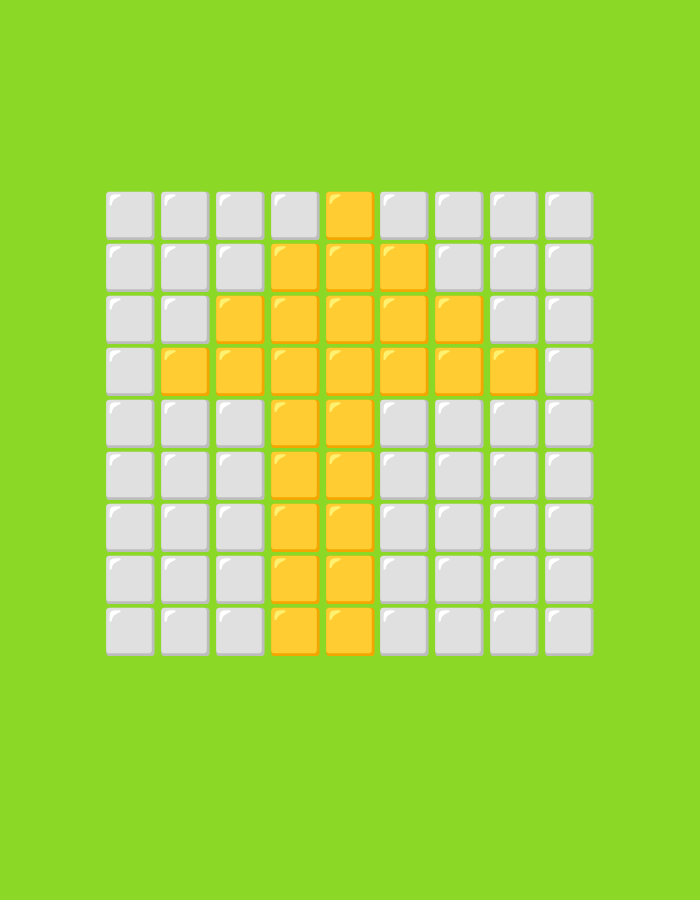 A yellow cross is formed by 25 squares on a grid of 100 squares, arranged in 10 rows and 10 columns. The cross is centered in the image, with 25 yellow squares and 75 white squares. The background is a solid green color. There are no people or other objects in the image, and no actions or interactions are taking place. The image is a still, digital illustration.