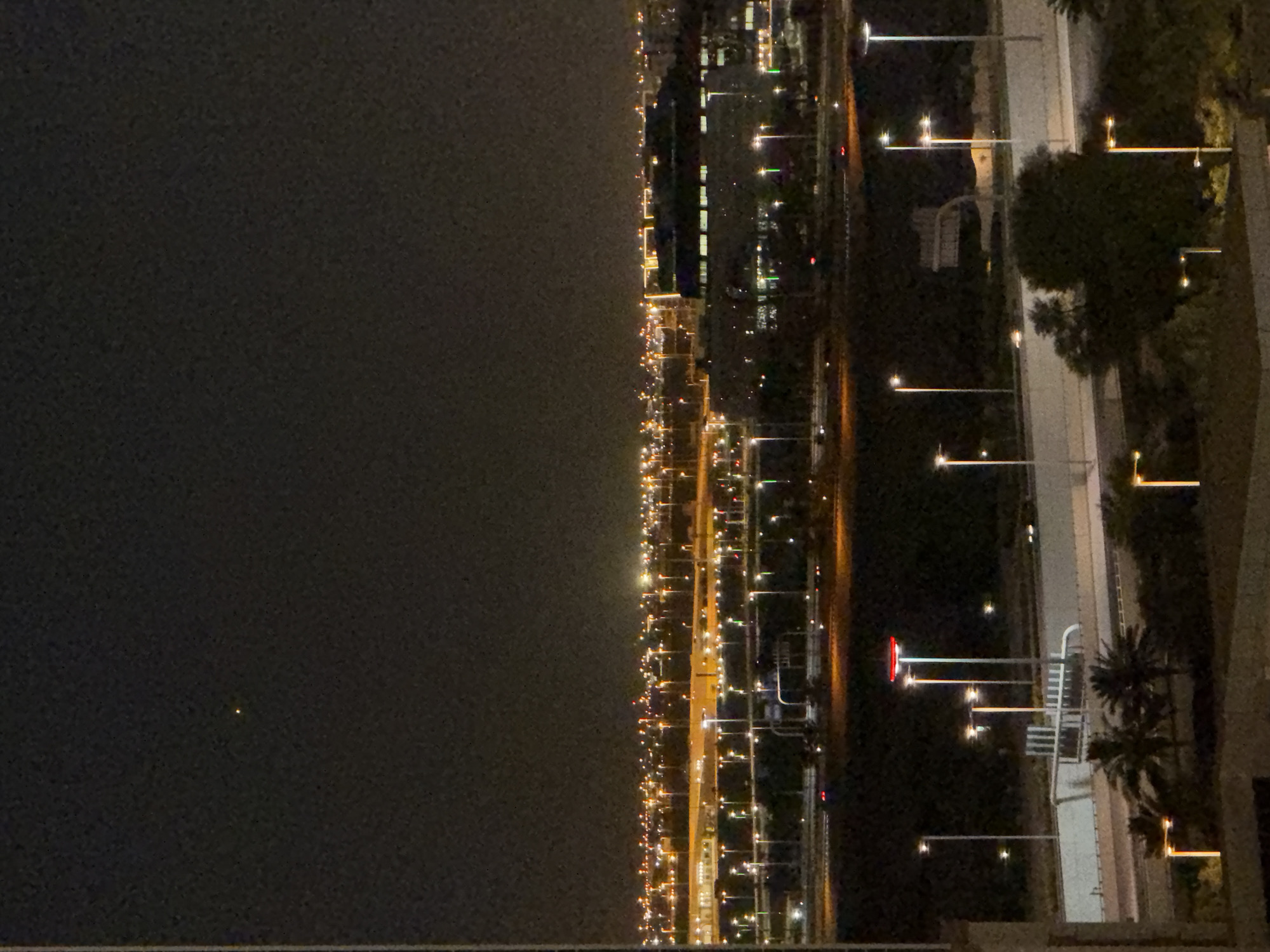 An eye-level, medium shot captures a nighttime cityscape. The dark sky above is punctuated by a single, bright yellow star or light source. Below, a sprawling urban landscape unfolds with numerous lights illuminating buildings, roads, and streetlights. Rows of streetlights with white and green lights line elevated roadways, while larger buildings with illuminated windows create a dense network of lights in the distance. In the foreground, dark foliage and palm trees are visible, with a few more streetlights casting a warm glow on the scene. The overall impression is one of a vast, illuminated city at night, possibly an airport or industrial area due to the extensive lighting and structures.