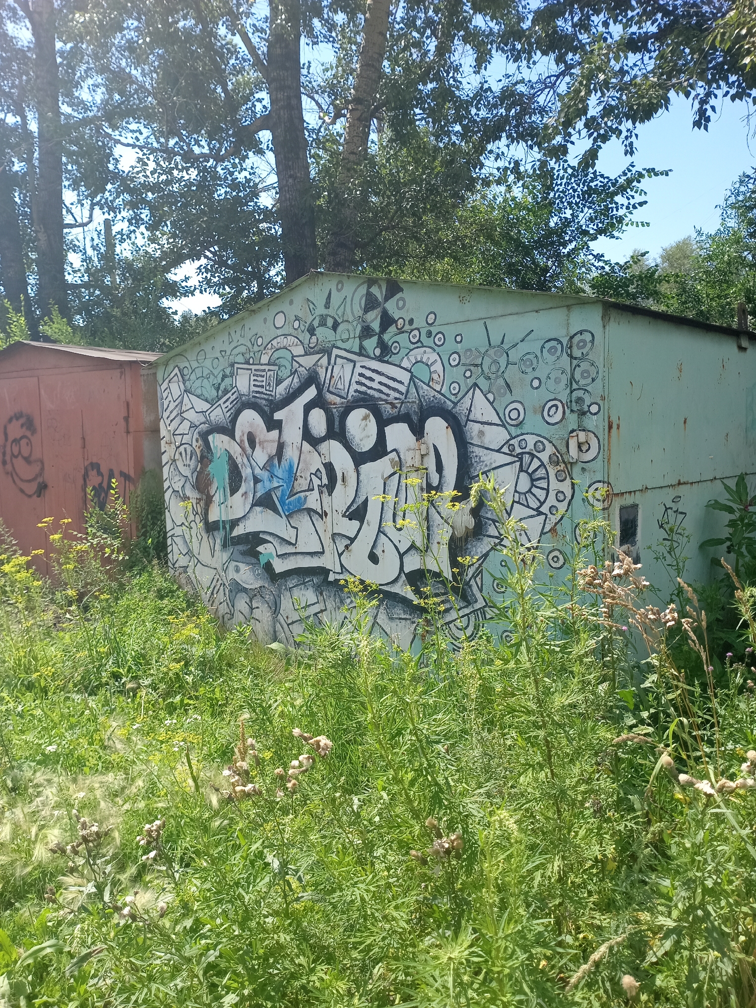 The image depicts two metal garages situated in Novokuznetsk, Russia. The garage on the right is painted a pale green and is covered in graffiti. The graffiti features a large, stylized white and black lettering with blue accents, surrounded by various geometric shapes and circular patterns. Some of the paint has dripped down the side of the garage. The garage on the left is a reddish-brown color and also has graffiti, including a cartoon-like face with glasses. Both garages are surrounded by overgrown green vegetation, with some dry, withered plants visible in the foreground. Tall trees with green leaves are present in the background, and the sky is visible through the branches. The scene appears to be an outdoor location, possibly an abandoned lot or a less-maintained area within the city.