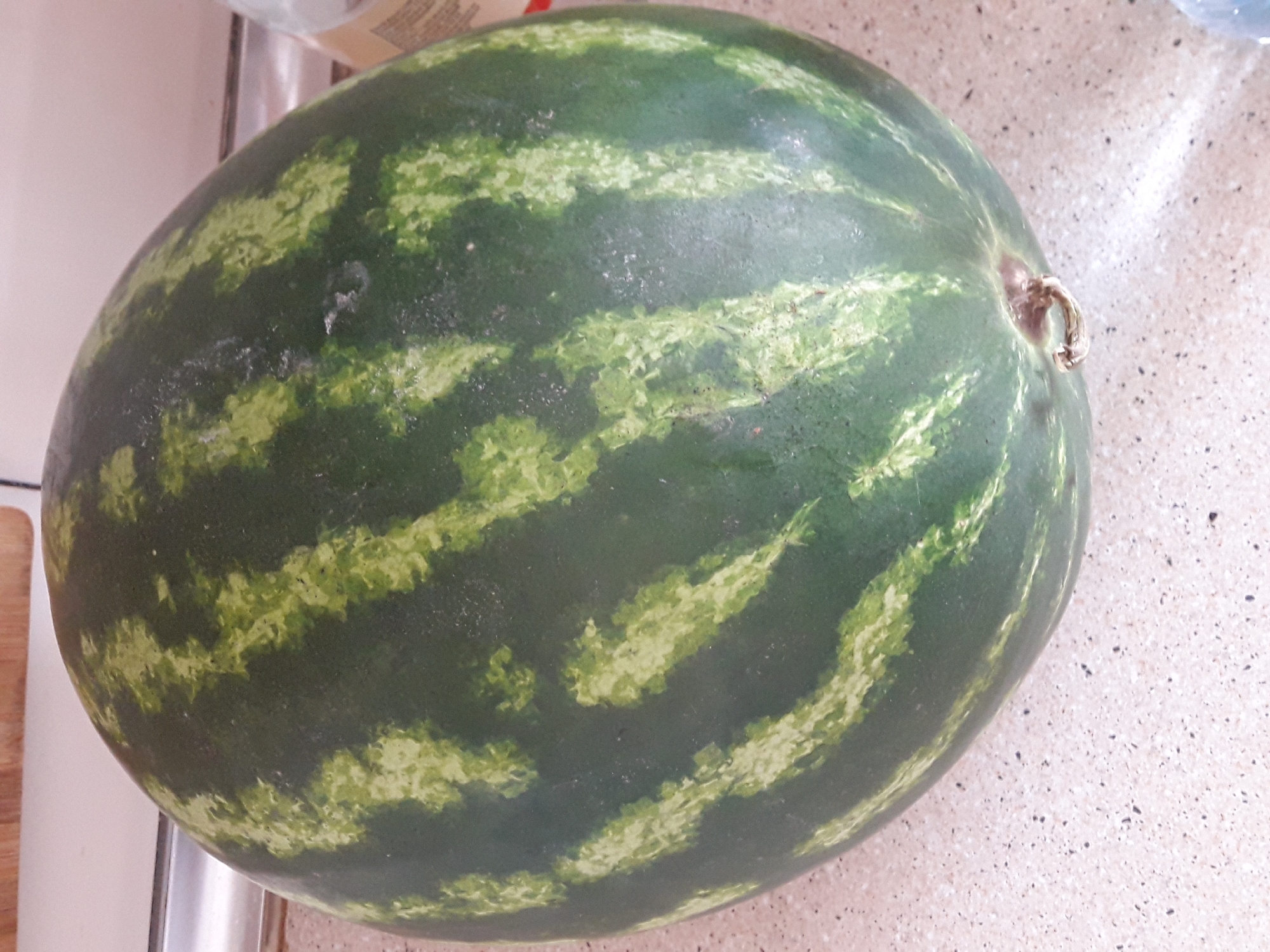 An overhead medium shot captures a whole watermelon lying on a speckled countertop. The watermelon is round and green with lighter green stripes running vertically across its surface. The stem of the watermelon is visible at the bottom right of the image. The countertop is light beige with dark speckles. In the background, a sliver of a wooden cutting board and a white surface are visible. A partially obscured bottle with text is present on the far right of the image.