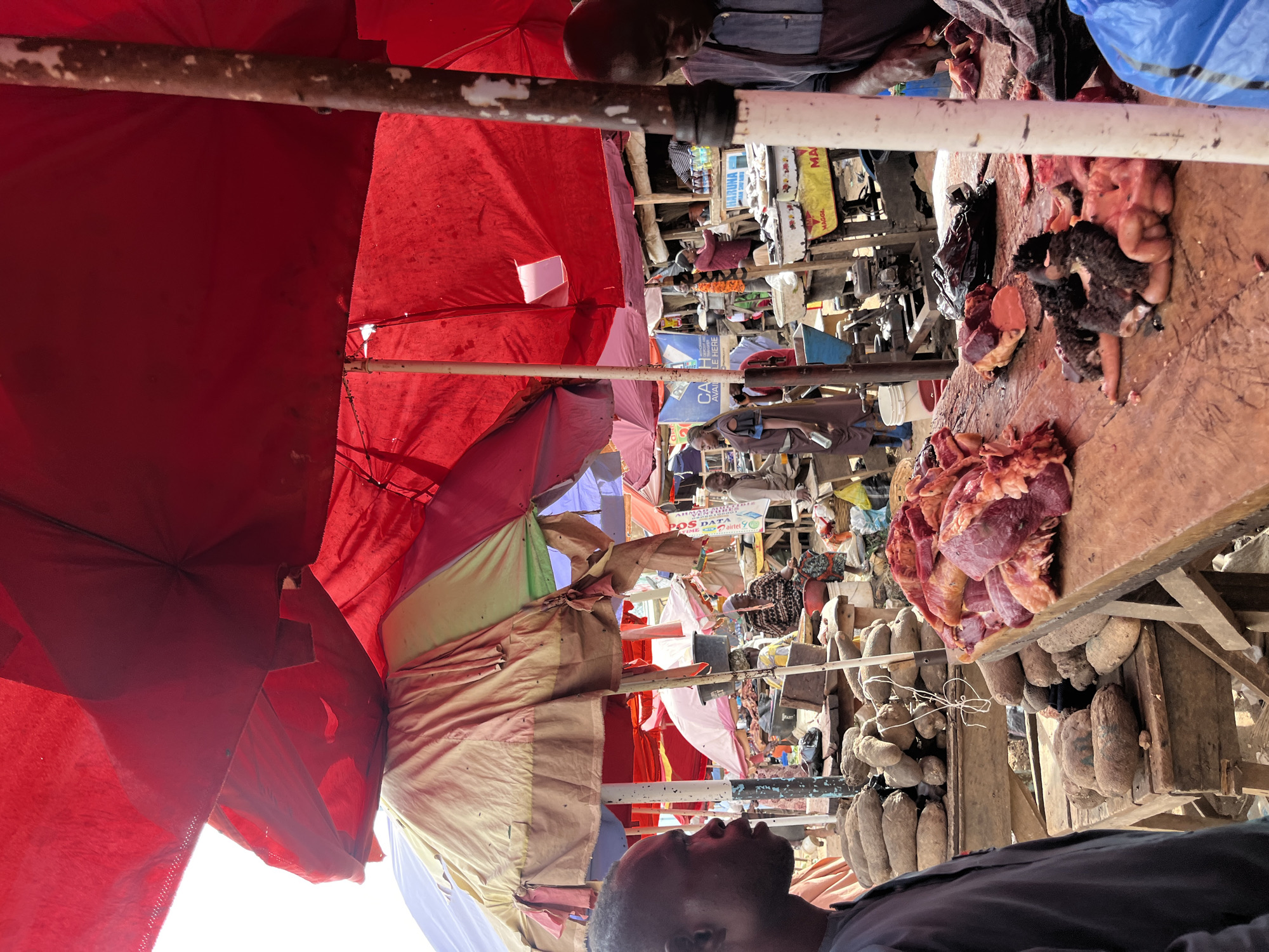 The image depicts a bustling outdoor market scene in Rafin Par, Nigeria. The foreground features the head and shoulders of a Black man, looking upwards. Behind him, the market is a vibrant and colorful display of various goods under a canopy of red, pink, and yellow umbrellas, some of which appear worn.
Dominating the scene on the right is a wooden stall laden with raw meat, appearing to be offal and cuts of beef. To the left and center, more stalls are visible, with people milling about. In the background, shelves are stocked with various items, including what appear to be packaged foods, beverages, and other goods. Some of the packaging shows text.
One stall has a sign that reads "POS DATA" with "Airtel" and "Etisalat" branding, indicating telecommunication services are available. Another sign is partially visible with "MAGGI" branding. The overall impression is that of a lively marketplace where food items, particularly meat, are being sold. The lighting suggests it is daytime, with bright sunlight filtering through the umbrellas. The scene conveys a sense of everyday commerce in a busy Nigerian market.
