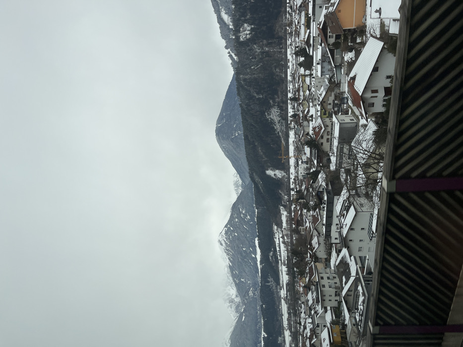 The image displays a panoramic view of the town of Zirl, Austria, under winter conditions with an overcast sky. In the foreground, a dark-colored barrier with diagonal slat patterns and vertical purple-brown posts extends horizontally across the lower portion of the frame. The midground features a dense residential area composed of numerous multi-story buildings, predominantly white or light-colored, with pitched roofs uniformly covered in a layer of snow. Some roofs reveal underlying red or brown tiles. Bare trees are visible between the structures. Beyond the town, a snow-covered valley floor transitions into a dark green forested mountain range that forms the immediate background. Further behind, prominent snow-capped mountains with visible rock faces rise under a uniformly light gray, overcast sky, which partially obscures the highest peaks. A yellow construction crane is visible near the base of the forested mountains in the mid-right section of the scene. No individuals are depicted.