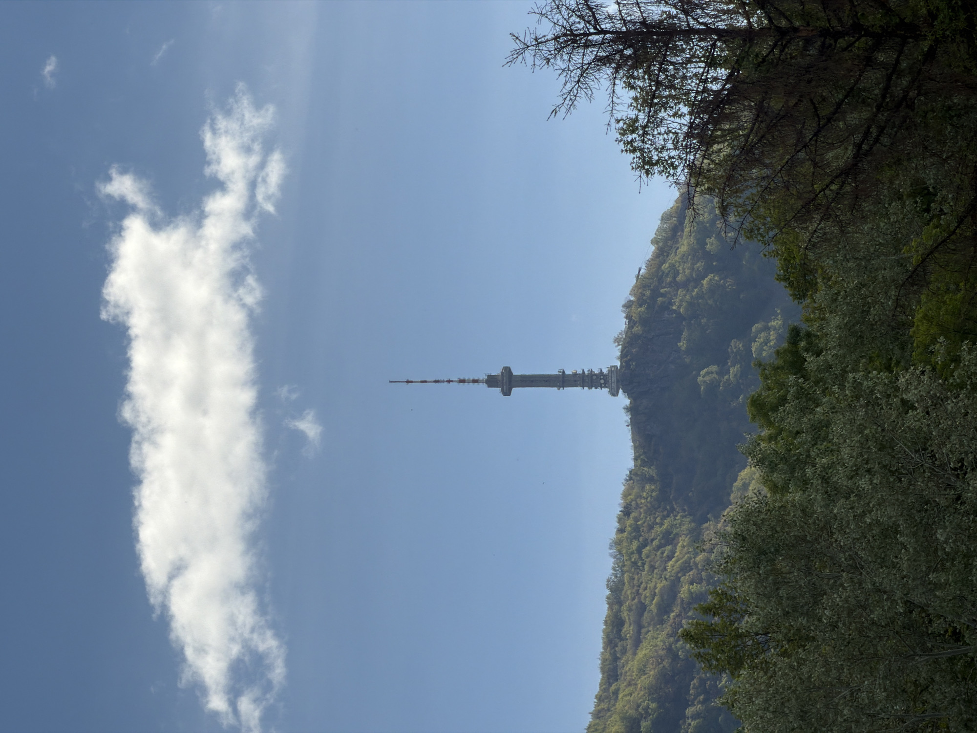 The image shows a tower set against a blue sky with a prominent cloud formation to the left and a forested mountainside to the right. The tower appears to be the TV Tower in Sofia, Bulgaria, identifiable by its distinctive segmented design and location atop a mountain overlooking the city. The mountain is covered in dense green trees, contrasting with the clear sky. Part of a tree with bare branches is visible at the top right of the frame.