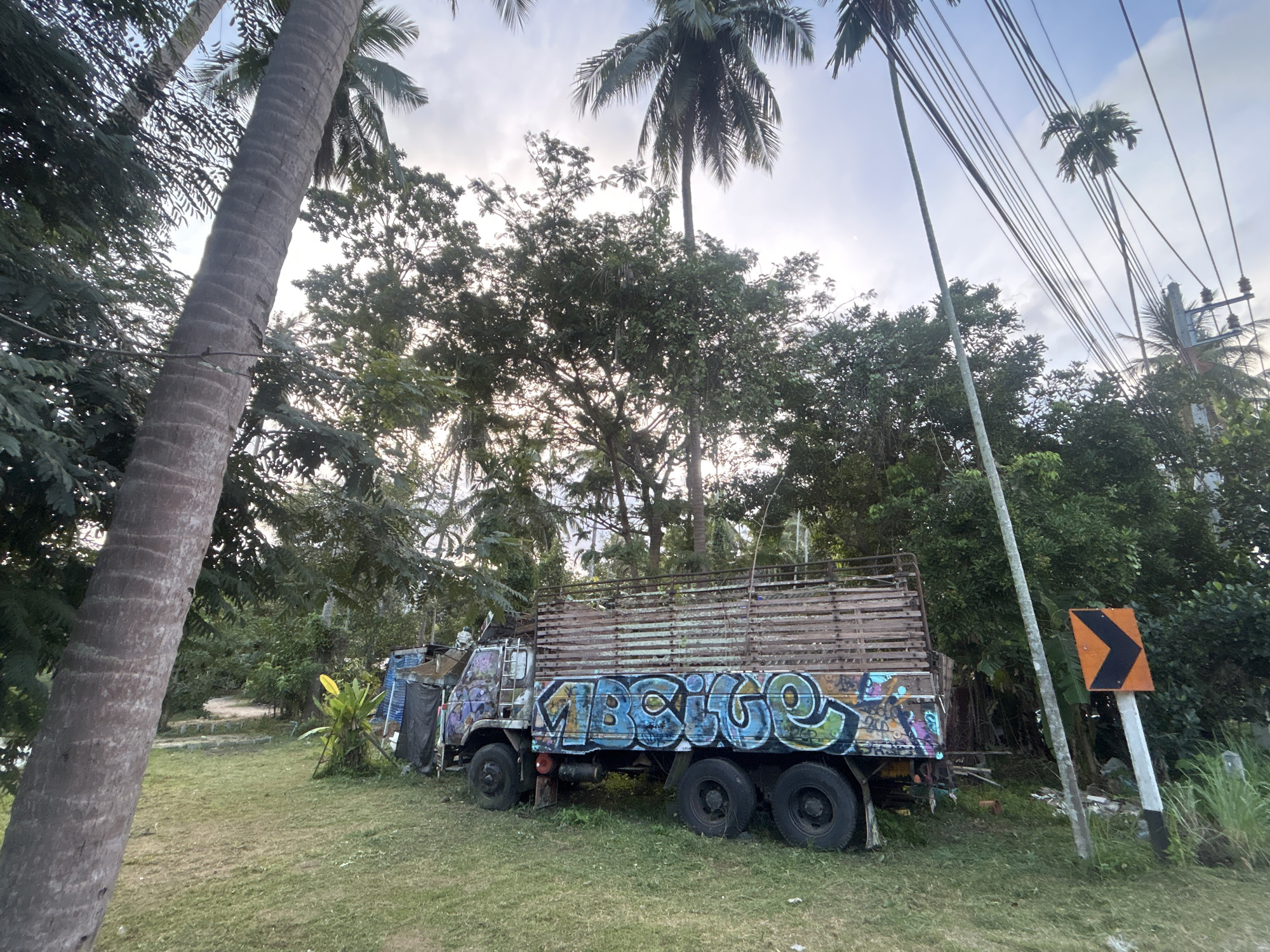 An abandoned, graffiti-covered truck sits on a grassy area in Ko Pha-ngan District, Thailand. The truck is large and appears to be a flatbed with wooden sides. The graffiti is colorful and covers a significant portion of the truck's body. Palm trees and other lush vegetation surround the truck, suggesting a tropical environment. A directional road sign with an orange background and a black chevron is visible to the right of the truck. Power lines are strung overhead, supported by a utility pole. The sky is partly cloudy. The scene conveys a sense of decay and artistic expression in a natural setting.