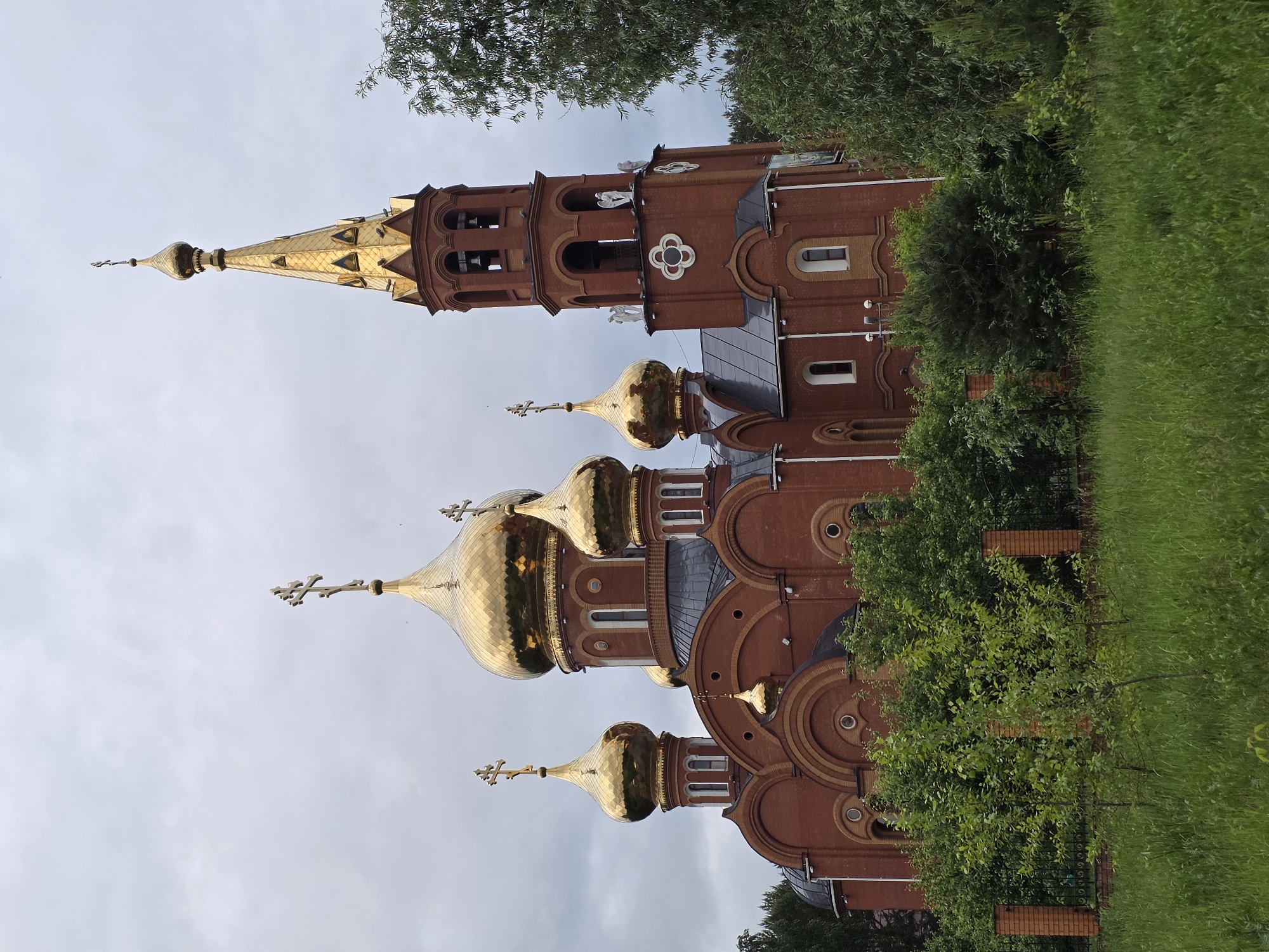 This image presents a Russian Orthodox church located in the city of Chaikovsky, Russia, viewed from a slightly elevated ground perspective under an overcast sky. The primary structure is built of red brick with dark-colored roofs and multiple golden, reflective onion-shaped domes, each crowned with a golden Orthodox cross. Five such domes are prominent on the main building, with the largest central dome featuring an unreadable inscription around its base. The brickwork includes arched windows with white frames and decorative arched elements.
To the right, a tall, slender red brick bell tower rises, featuring an open belfry with visible bells beneath a golden, pointed spire. This spire culminates in a smaller golden onion dome and an Orthodox cross. Below the spire, a ledge on the bell tower displays several white statues of angels, and a circular decorative motif with a cruciform design is visible on the brick facade.
The lower section of the church and the immediate surroundings are enveloped in abundant green vegetation, including thick bushes, trees, and tall grasses in the foreground. Sections of a dark metal fence with red brick posts are partially visible through the foliage, separating the viewer's position from the church grounds. The sky is uniformly light gray, indicating cloudy conditions. No people or animals are visible in the scene.