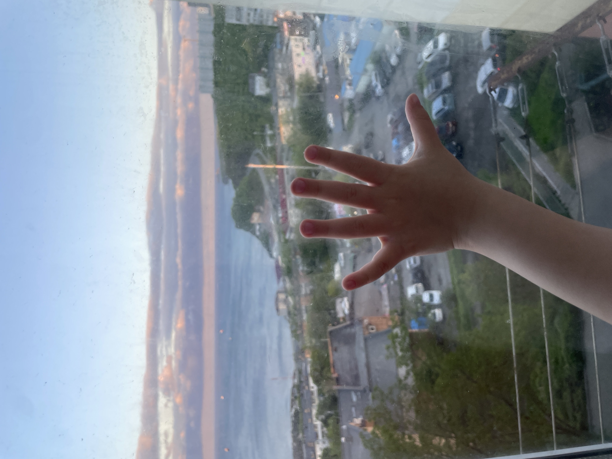 A child's hand presses against a window overlooking a cityscape. Outside, a body of water meets a forested hillside in the distance. A neighborhood with roads and parked cars is visible closer to the viewer. The blurred details and water droplets suggest the image was taken from inside a building on a rainy day. The location is Vladivostok, Russia.