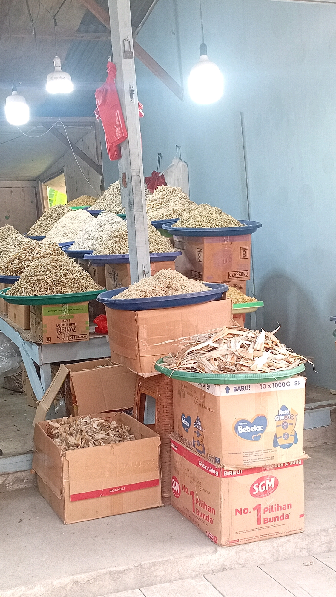 The image depicts a market stall in Jambi, Indonesia, likely a fish market or a general goods market. The stall is filled with various dried goods, primarily small fish, neatly piled in large blue and green trays. These trays are stacked on top of cardboard boxes, some of which are branded with product names like "Bebelac" and "SGM." A few additional boxes and a woven basket are also present. The scene is illuminated by bright overhead lights, one of which is partially obscured by a red plastic bag hanging from a support beam. The overall environment appears to be indoors, with a corrugated metal roof visible and a light blue wall in the background. The ground is a concrete surface. There are no people visible in the image.