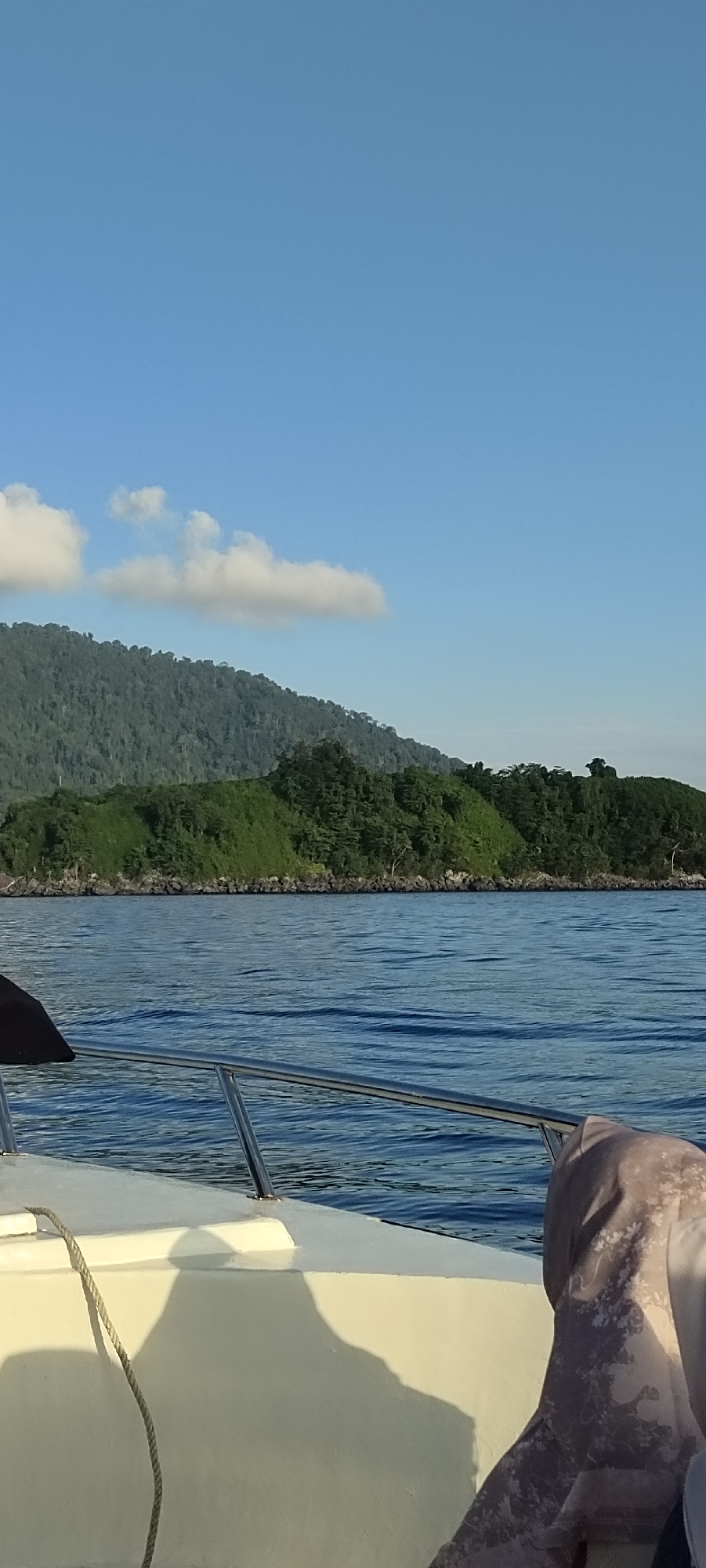 An image captured from a boat shows a body of water with waves, a coastline covered in lush green trees and vegetation, and a mountain range in the background under a clear blue sky with a few scattered clouds. The foreground of the image shows the deck of the boat, with a white railing, a rope, and part of a person's head and shoulder visible. The scene is likely the waters surrounding the island of Weh in Sabang, Indonesia, known for its natural beauty.