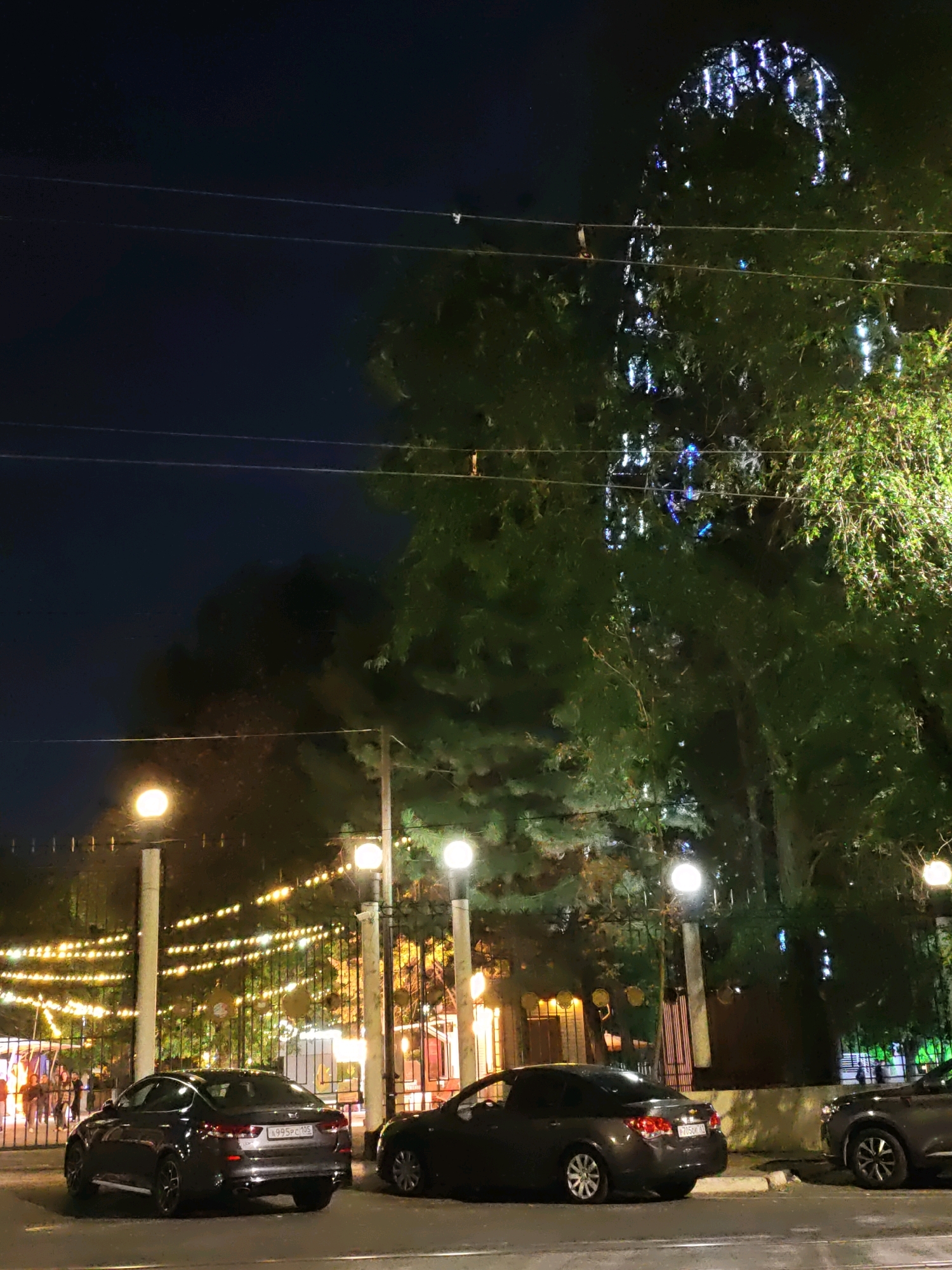 The image depicts a nighttime scene in Rostov-on-Don, Russia, likely near an amusement park or entertainment venue. In the foreground, two dark-colored sedans are parked on a street. The car on the left is a dark grey Kia Optima with license plate A995PC 105. The car on the right is a darker sedan, partially visible, with license plate P705OK 93. Behind the cars, a black metal fence is illuminated by strings of warm-toned lights. Several lampposts with bright white lights are visible along the fence line. In the background, a large ferris wheel, adorned with numerous bright white and blue lights, is visible behind a dense canopy of green trees. The sky above is dark blue, indicating it is nighttime.