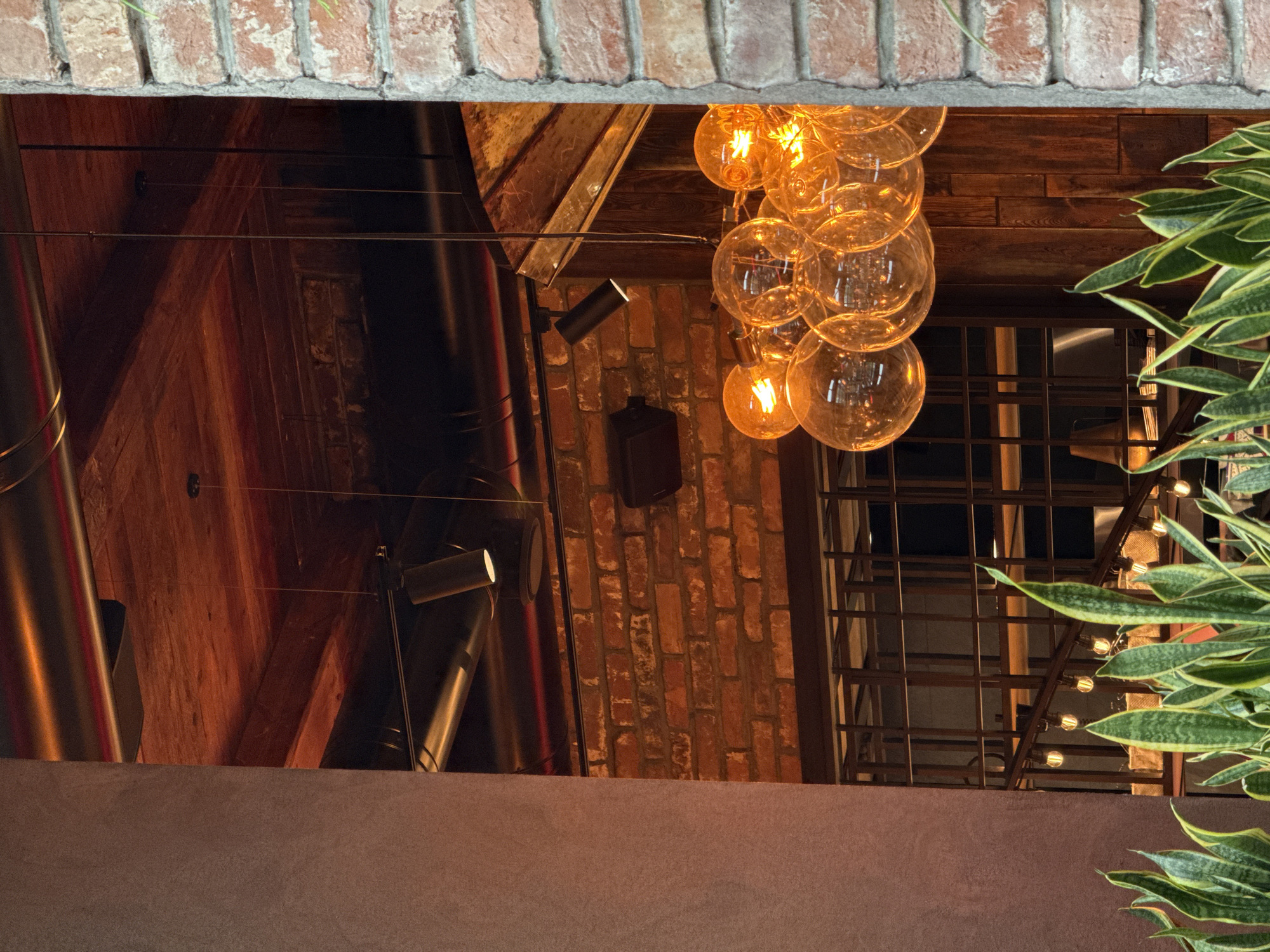 This image captures a static interior view of a commercial space, likely a restaurant or bar. No human figures are present.
The scene is framed on the left by a smooth, light brown-grey vertical column with a subtly textured finish. On the right, the frame is defined by an exposed reddish-brown brick wall with grey mortar lines. In the foreground, spanning the bottom of the image, are multiple upright, sword-shaped leaves with green and yellow variegation.
The interior features a ceiling composed of reddish-brown stained wood planks and visible structural beams. Dark-colored metal pipes, consistent with HVAC or electrical conduit, are suspended below the ceiling. The walls include sections of exposed reddish-brown brickwork and vertical dark wooden paneling.
Illumination is provided by several artificial light sources. A large cluster of numerous clear, spherical glass light bulbs, each containing a visible illuminated filament, hangs suspended from the ceiling on the right side, emitting a warm amber glow. Several black, cylindrical spotlight fixtures are mounted on ceiling tracks, with at least two visibly illuminated. In the deeper background, smaller, exposed incandescent bulbs are arranged linearly, possibly along a balustrade or railing structure, behind dark-colored metal grid-like structures consistent with partitions.
The specific location within Izhevsk, Russia, cannot be identified solely from the visual information provided within the image.