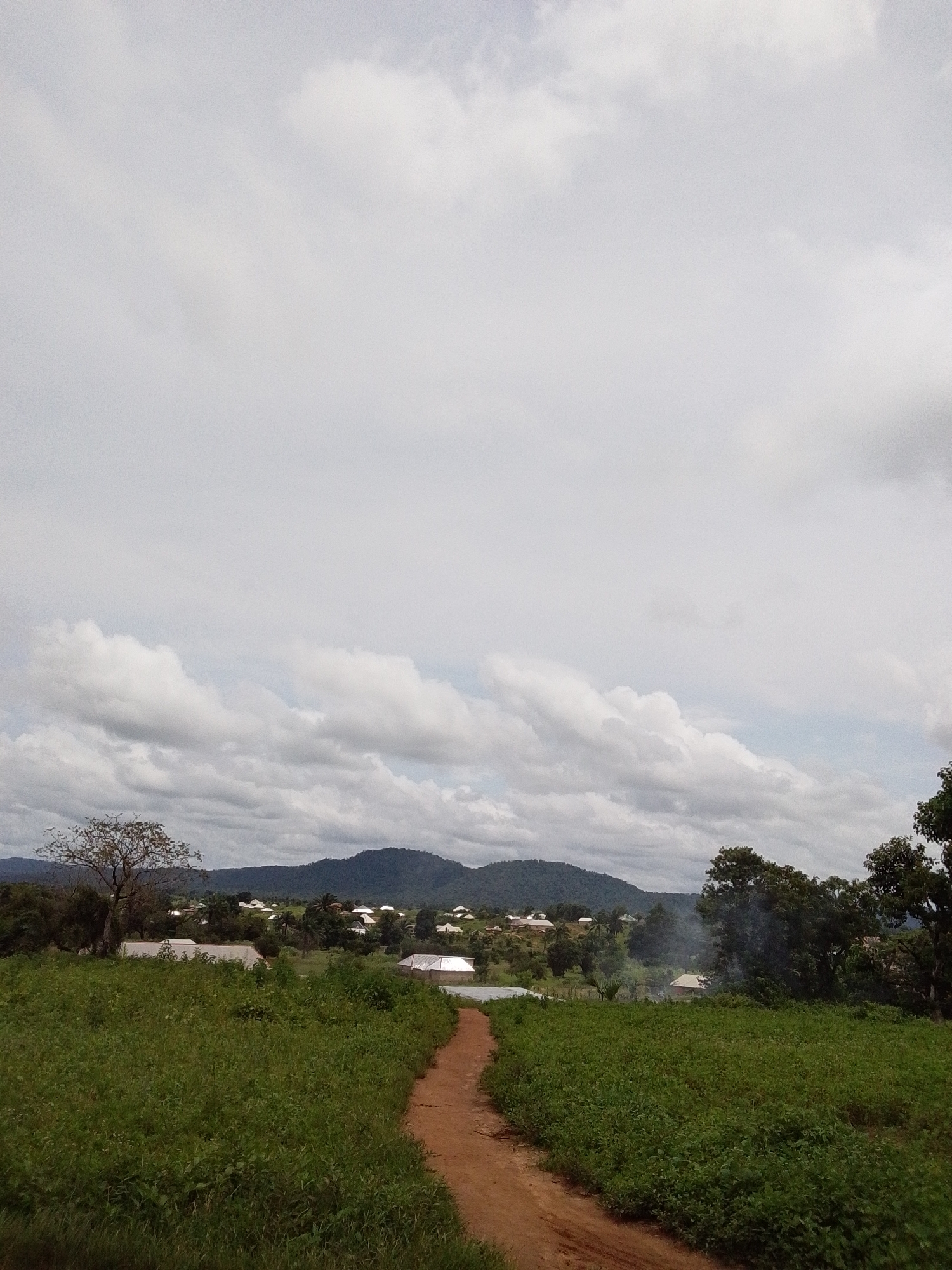 The image depicts a rural landscape in Serti, Nigeria, under a cloudy sky. In the foreground, a dirt path winds through lush green vegetation. In the middle ground, a village with numerous buildings featuring white roofs is nestled amongst trees and rolling hills. The background features a chain of dark, tree-covered mountains. The scene appears peaceful and undeveloped, characteristic of a rural African setting.
