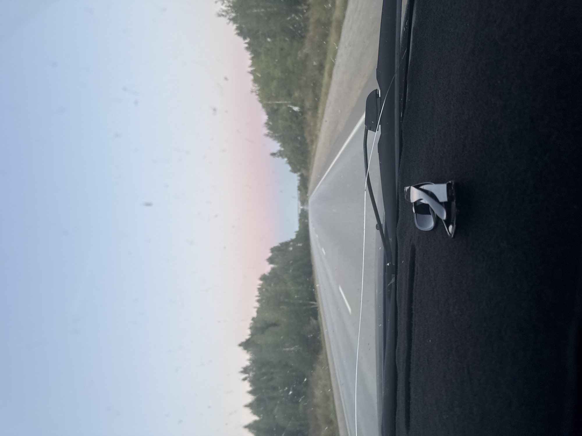 The image shows a view from inside a vehicle looking out at a road stretching into the distance. The sky is a pale blue with a gradient of pink and purple near the horizon. On either side of the road are dense forests of evergreen trees. The road itself is paved and appears to be a highway with lane markings. In the foreground, on the dashboard of the vehicle, there is a small, dark-colored object that resembles a chess piece, possibly a knight. The overall impression is of a scenic drive through a forested area at dusk or dawn. There is no specific indication of the city of Arsinskii, Russia.