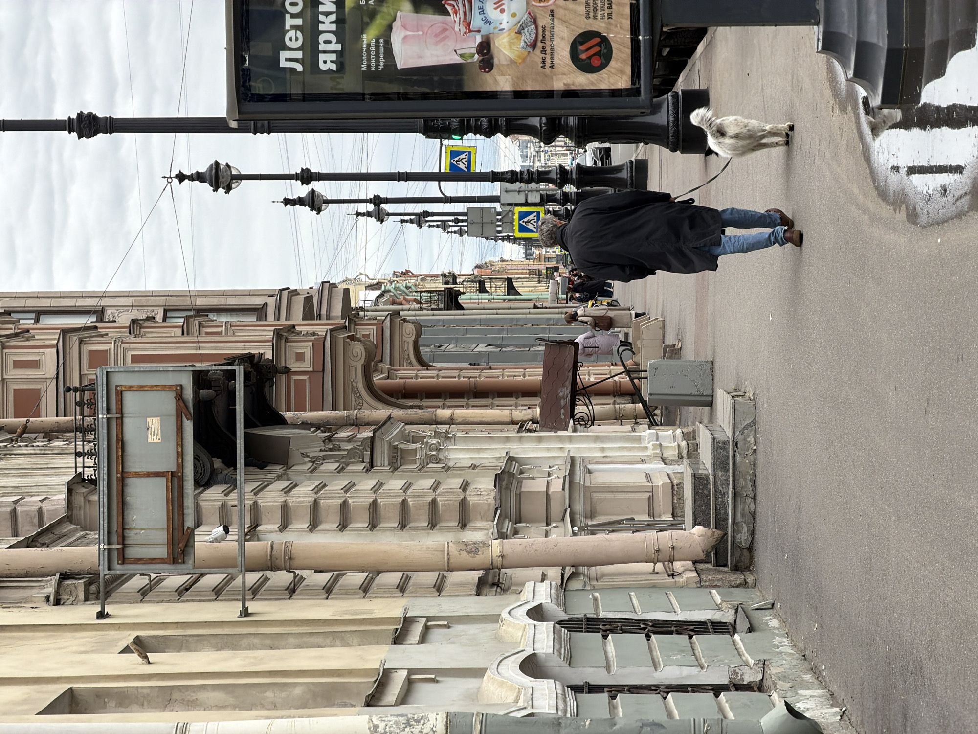Here is a detailed description of the image:
**General Scene:**
The photograph depicts a street scene, very likely in Saint Petersburg, Russia given the architectural style and Cyrillic script on the advertisement. The shot is taken at an angle with a focus on the buildings lining the street, a pedestrian walking a dog, and street furniture.
**People:**
* **Pedestrian:** A person is walking a small white dog on a leash. The individual is wearing a dark coat and blue jeans.
**Objects and Architecture:**
* **Buildings:** There are buildings with ornate façades, showcasing a mix of architectural styles common in Saint Petersburg.
* **Street Lamps:** Antique-style street lamps line the street.
* **Advertising Banner:** There's a tall advertising banner displaying images of desserts and text in Russian (“Leto Yarkiy…” meaning “Bright Summer…”).
* **Street Signage:** Pedestrian crossing signs are visible.
* **Building Fixtures:** Various pipes and other fixtures run along the buildings' exterior.
* **Rooftop Structure:** On a lower rooftop, there's a metal structure, likely part of building maintenance or support.
**Environment:**
* **Weather:** Overcast sky, suggesting cloudy weather.
* **Pavement:** The pavement appears wet, possibly after recent rain, with a puddle visible.
**Actions and Interactions:**
* The pedestrian is walking the dog along the sidewalk.
**City Location Speculation:**
The architecture and street layout strongly suggest that this photo was taken in the historical center of Saint Petersburg. The specific street cannot be determined without more context.