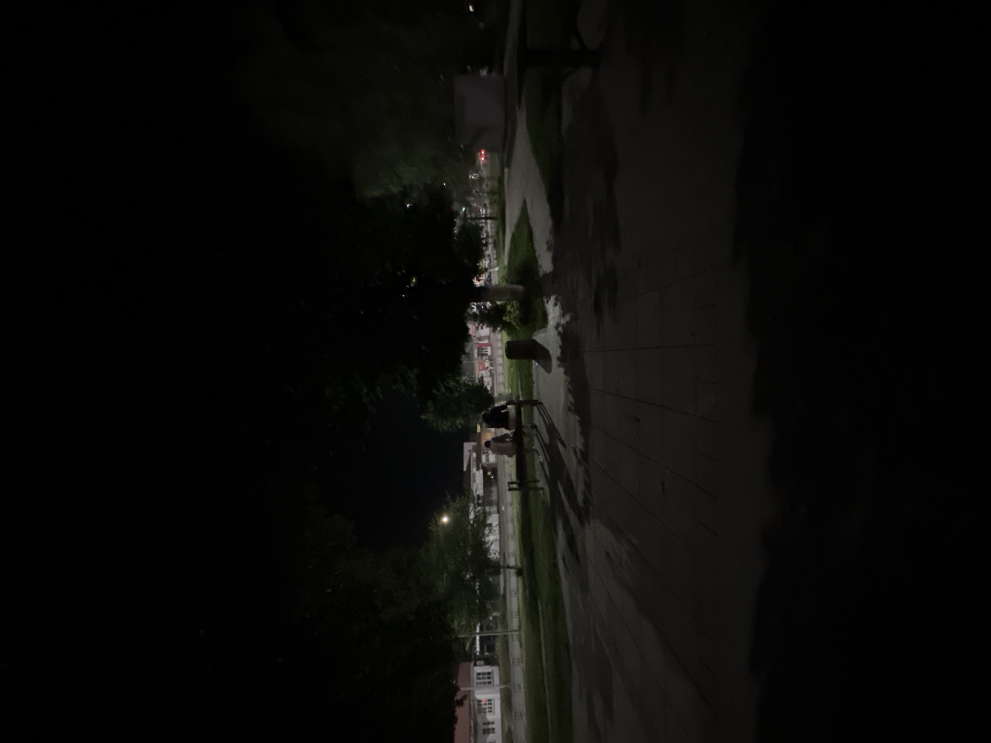 At night in Khmilnyk, Ukraine, two individuals are seated on a dark-colored park bench. One person is wearing a light-colored top, and the other is wearing a dark top. They are positioned in the foreground, facing away from the camera and toward a dimly lit park area. Behind them, trees with dark foliage are visible. In the midground, a paved walkway with a pattern of rectangular stones is present, leading to a grassy area. Further back, a building with multiple windows, possibly a commercial establishment or residential block, is visible along a street. The street itself appears to have streetlights and some vehicle lights in the distance. The overall scene is dark, with ambient light sources providing minimal illumination.