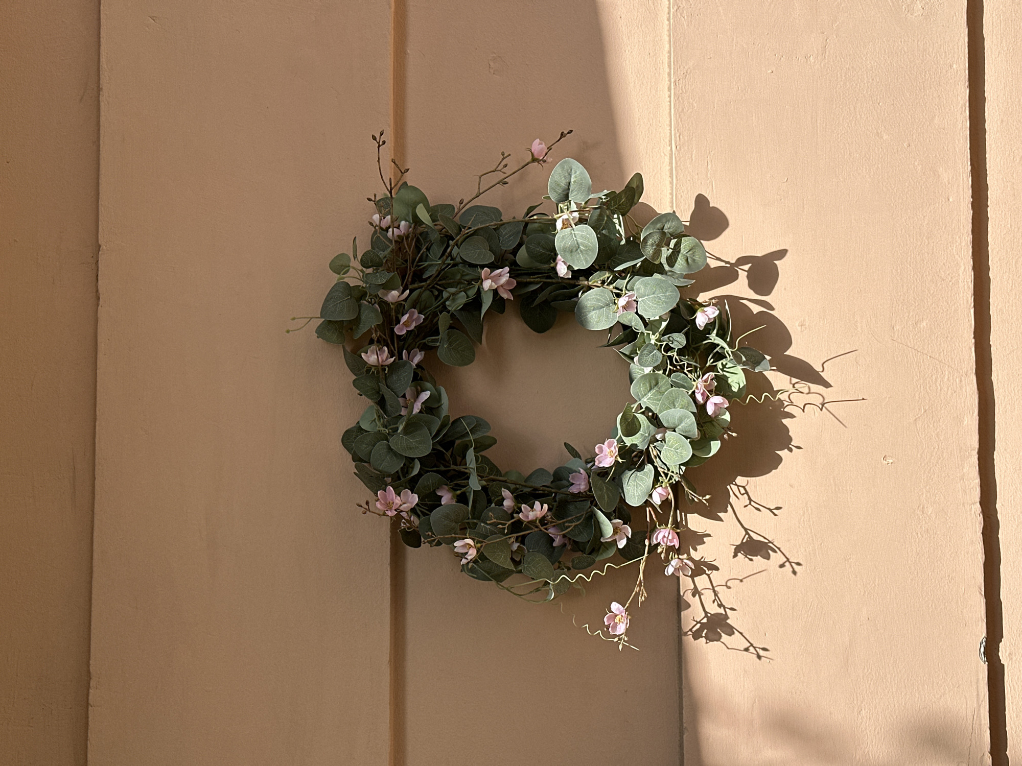 A floral wreath adorns a tan-colored wall. The wreath is composed primarily of green eucalyptus leaves and small pink blossoms. The wall appears to be part of a building facade, evidenced by vertical seams/panels. Sunlight casts a shadow of the wreath and the surrounding foliage onto the wall's surface. It is daytime. While it's impossible to confirm the exact location, the architectural style and color palette of the wall are consistent with buildings found in Novi Sad, Serbia.