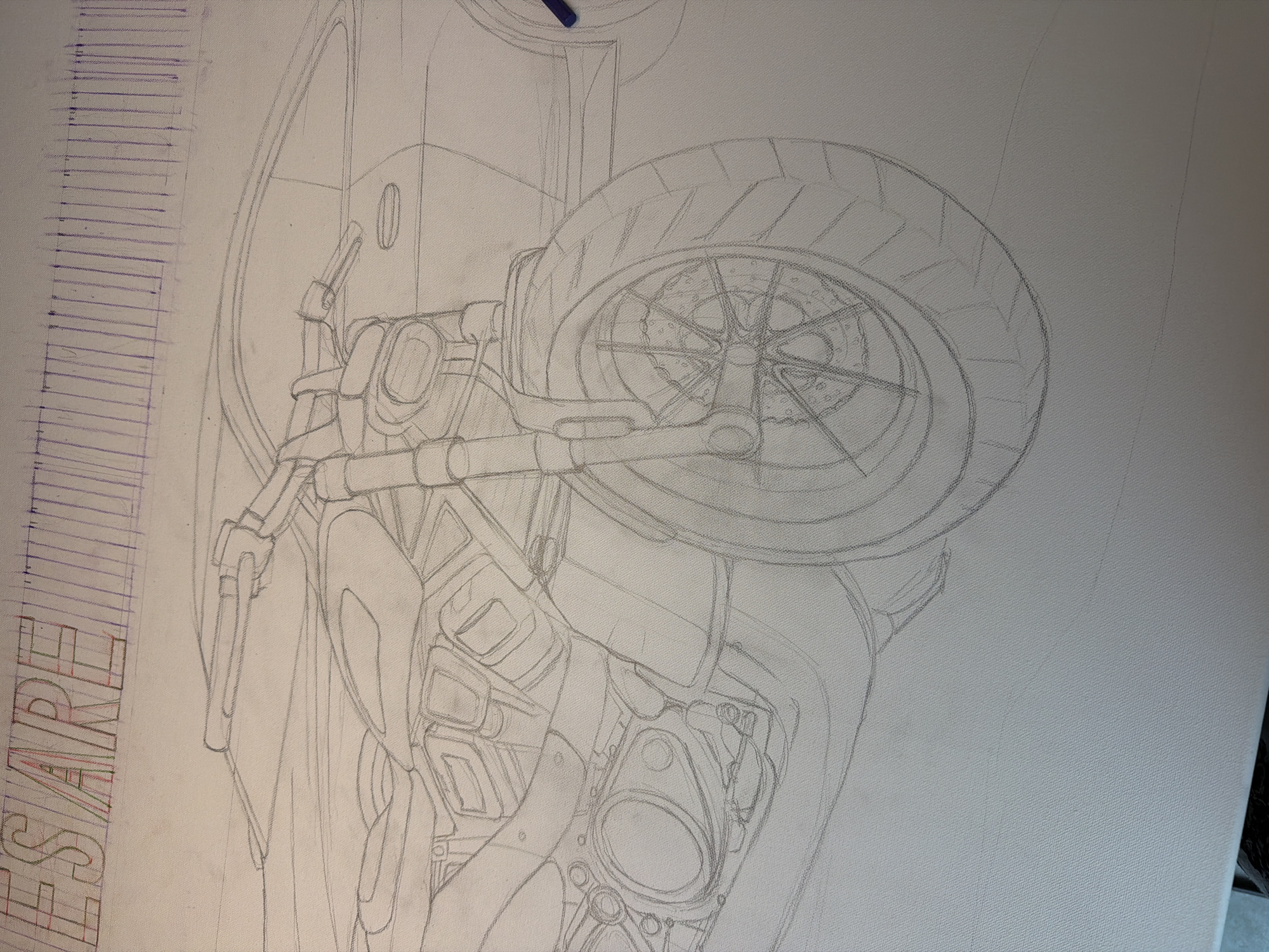 A pencil sketch on white canvas depicts the front end of a motorcycle, seen from a low angle looking up. The front wheel is prominent, with visible tire tread and spokes. Various mechanical components of the motorcycle are drawn in detail, including parts of the frame, suspension, engine, and potentially the fuel tank. There's text drawn in block letters on the left side of the canvas, partly obscured. There are vertical purple lines drawn near the lettering on the left side.
There is no information to be gleaned regarding location, people, subjects, objects, actions, interactions, and the environment in the city of Warsaw, Poland in the provided images and the available hints.