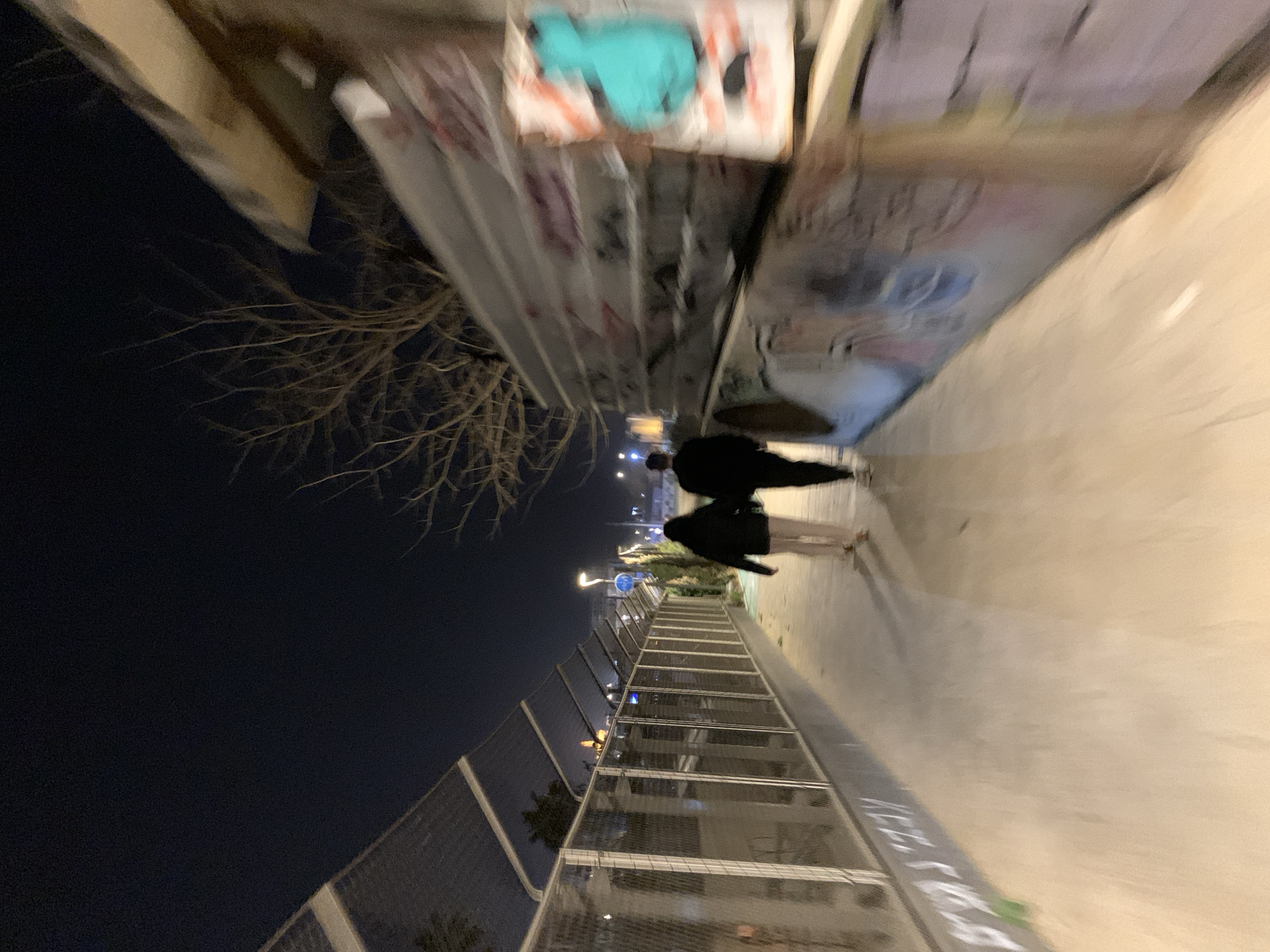 The image shows a nighttime scene on a pedestrian walkway in Tel Aviv, Israel. The walkway is elevated and enclosed by metal mesh fencing on one side and a concrete wall with graffiti on the other. Two people are walking along the walkway. The sky is dark. A bare tree branch is visible in the top left corner of the image. Lights from the city are visible in the distance.