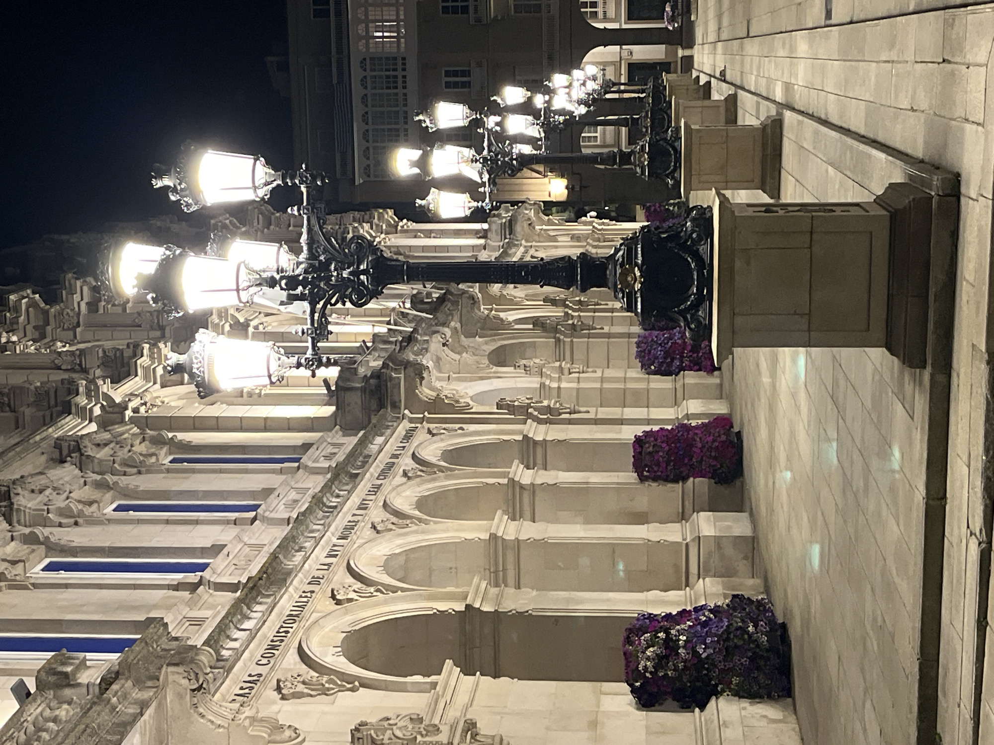 The image shows the Casas Consistoriales in A Coruña, Spain, at night. The architecture of the building is visible, featuring arches and intricate stonework. Streetlights are aligned along the facade, providing illumination. There are floral arrangements planted along the building and on the stands for the lamps. The street surface is paved. The sky is dark. There are no people visible.