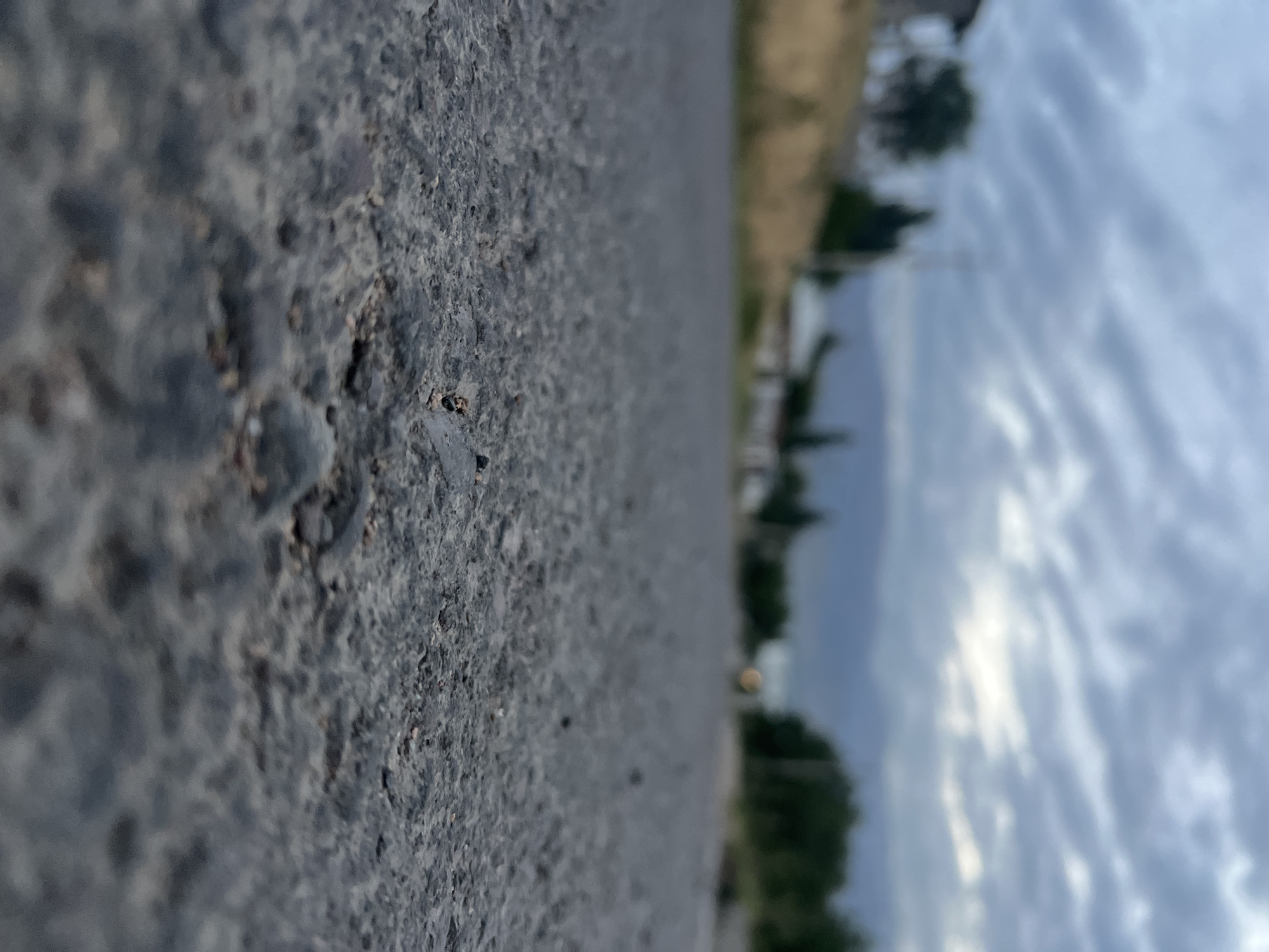 The image depicts a low-angle view of an asphalt road in Yusuphana, Uzbekistan. The foreground is dominated by the textured surface of the road, with small pebbles and imperfections visible. In the mid-ground, the road stretches into the distance, blurred with houses and trees lining its sides. The background features a hazy mountainous landscape under a cloudy sky. The overall atmosphere is muted and subdued, suggesting an overcast day. There are no people or vehicles in the frame, making it a scene of apparent solitude. The image captures a quiet moment in a semi-urban or rural setting within Yusuphana.