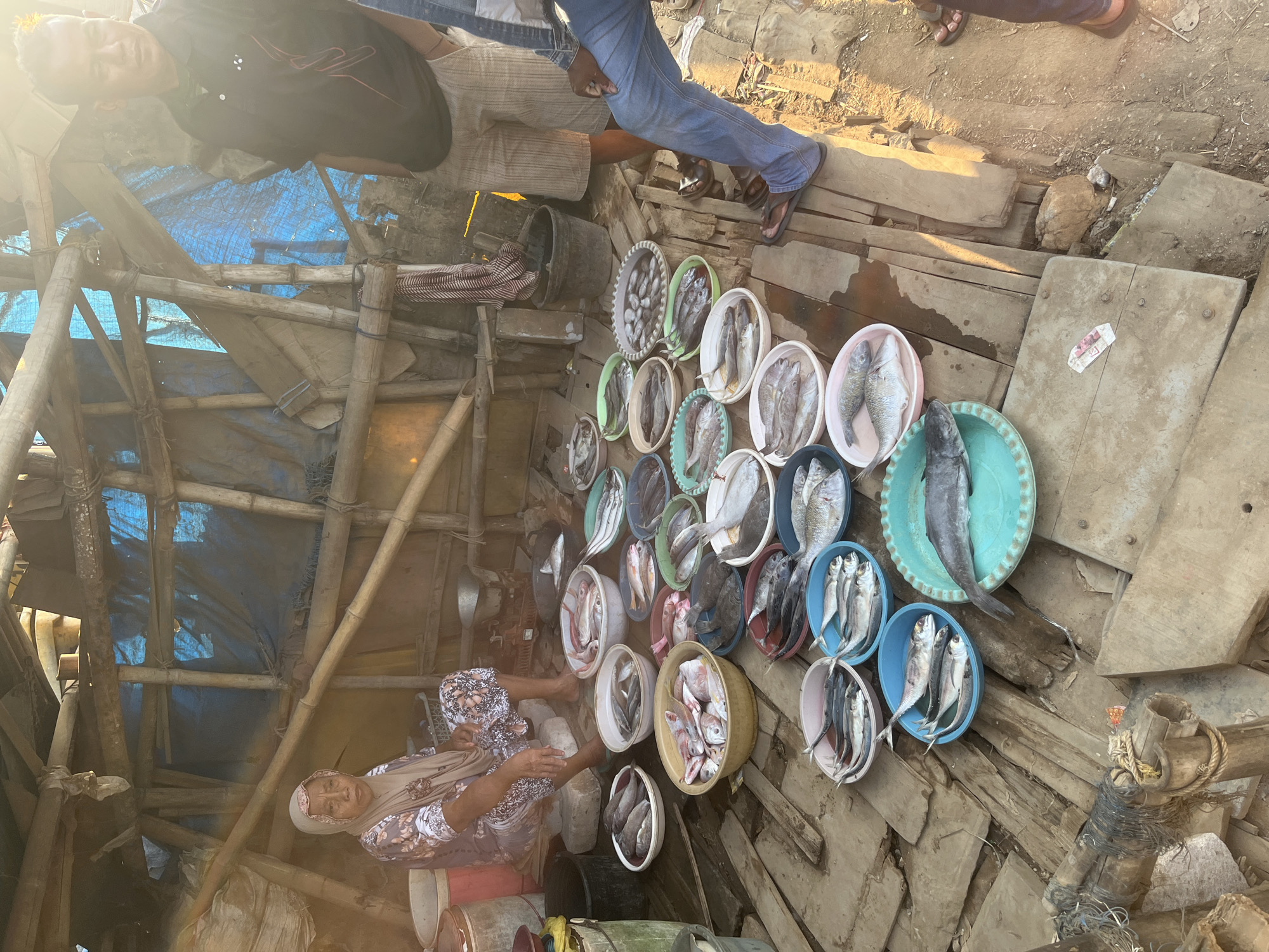 In Kedungmalang, Indonesia, a woman in a patterned headscarf and dress sits on a low stool behind a display of fresh fish. The fish are arranged in various colored bowls and platters on a wooden surface. To the right of the woman, two men are visible; one in a black polo shirt and checkered shorts, and another in a denim jacket and blue jeans. The environment appears to be an outdoor market or stall, with a rustic structure made of bamboo and blue tarp providing shade. The ground is made of rough wooden planks, and debris is visible on the ground. The scene is illuminated by sunlight, casting shadows and creating a warm, natural light.