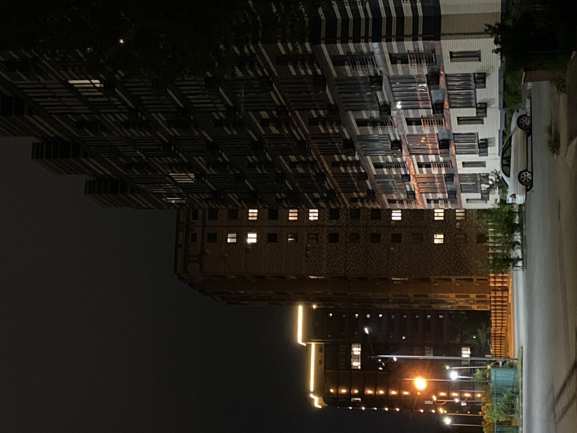 This image shows a night scene in the city of Blagoveshchensk, Russia, depicting multi-story apartment buildings. The buildings are illuminated by artificial lights, with some windows lit from within, indicating occupancy. One prominent building on the right features a distinctive striped facade of dark brown and white bands, with numerous windows and balconies. To the left, other apartment buildings are visible, one with a decorative yellow light illuminating its upper floors. The foreground shows a paved area, possibly a street or parking lot, with a white sedan parked on the right. Streetlights are also present, casting pools of light. Greenery, including bushes and trees, is visible in the lower portions of the image, alongside low fences. The overall atmosphere is urban and residential, captured after dark.