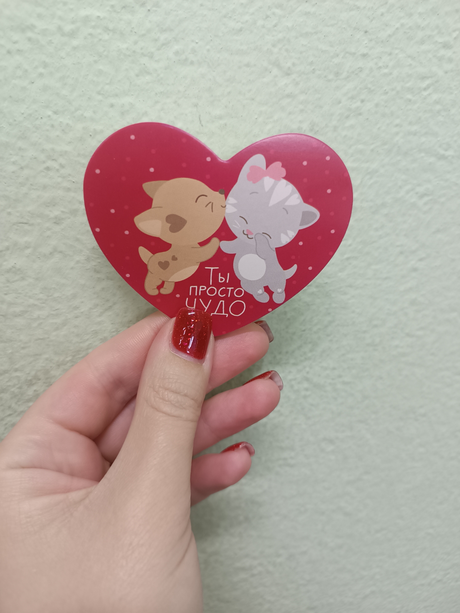 A person is holding a heart-shaped sticker in front of a pale green wall. The sticker is red with white polka dots and features cartoon images of a tan puppy kissing a gray kitten. Below the animals, in Russian text, is the phrase "Ты просто чудо" (Ty prosto chudo), which translates to "You are simply a miracle." The person's hand is visible, with red glitter nail polish. The image does not contain enough information to determine the location in Chaikovsky, Russia.