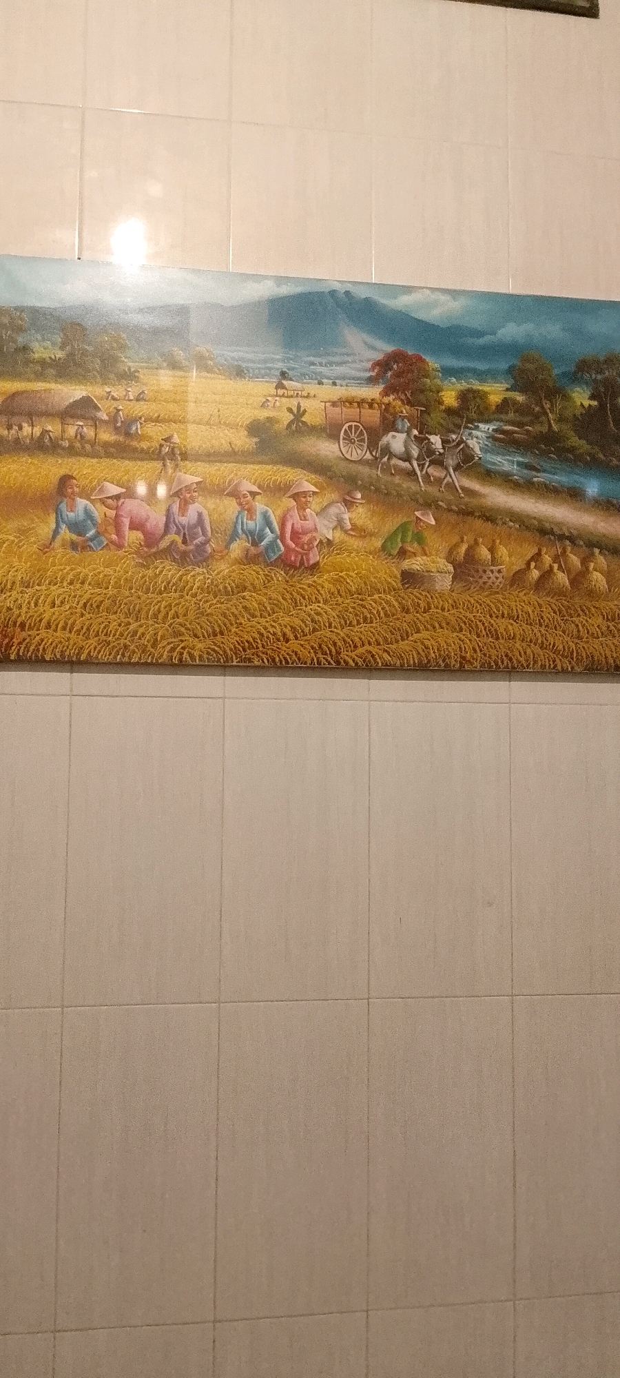 The image is a painting depicting a rural scene in a rice paddy, likely in the city of Medan, Indonesia. In the foreground, several people, predominantly women wearing traditional conical hats, are harvesting rice. They are kneeling and gathering the stalks. Behind them, a cart pulled by two oxen is visible, suggesting transportation of the harvested crop. The background features huts, trees, a river, and distant mountains under a bright sky with a strong sun or light source, creating a sense of a warm, sunny day. The painting is mounted on a tiled wall.