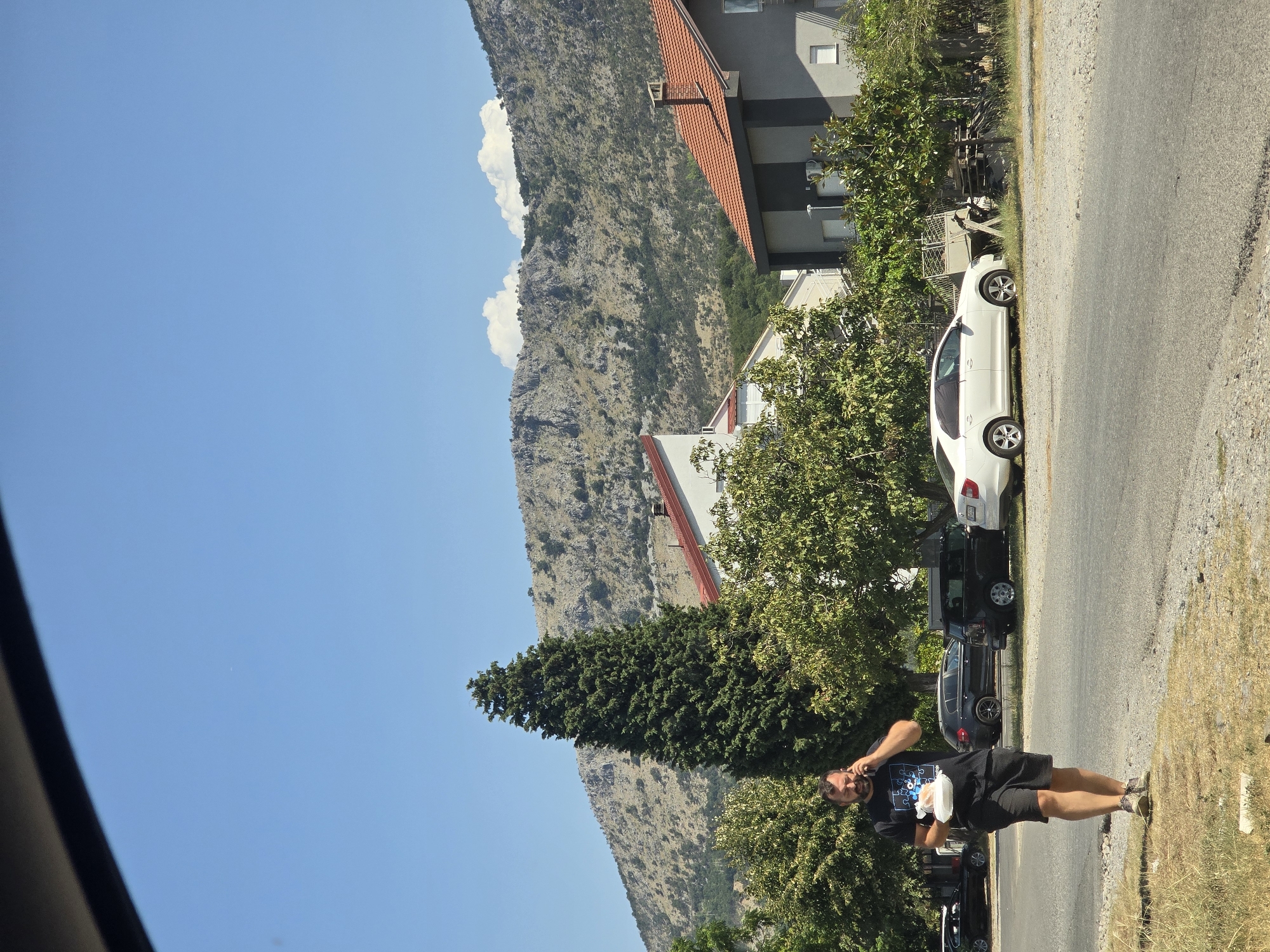 A man with a beard is walking on the side of a road and talking on his phone while holding a white package in his left hand. He is wearing a black t-shirt with a graphic design and black shorts. The man is walking from left to right in the frame. Behind him, several cars are parked, including a black sedan and a white sedan. Further in the background, there are trees, houses with red roofs, and a rocky mountain range under a clear blue sky. The scene appears to be in a suburban or semi-rural area, possibly on the outskirts of Podgorica, Montenegro, given the architectural style of the houses and the mountainous backdrop characteristic of the region. The time of day appears to be midday, judging by the bright sunlight and shadows.