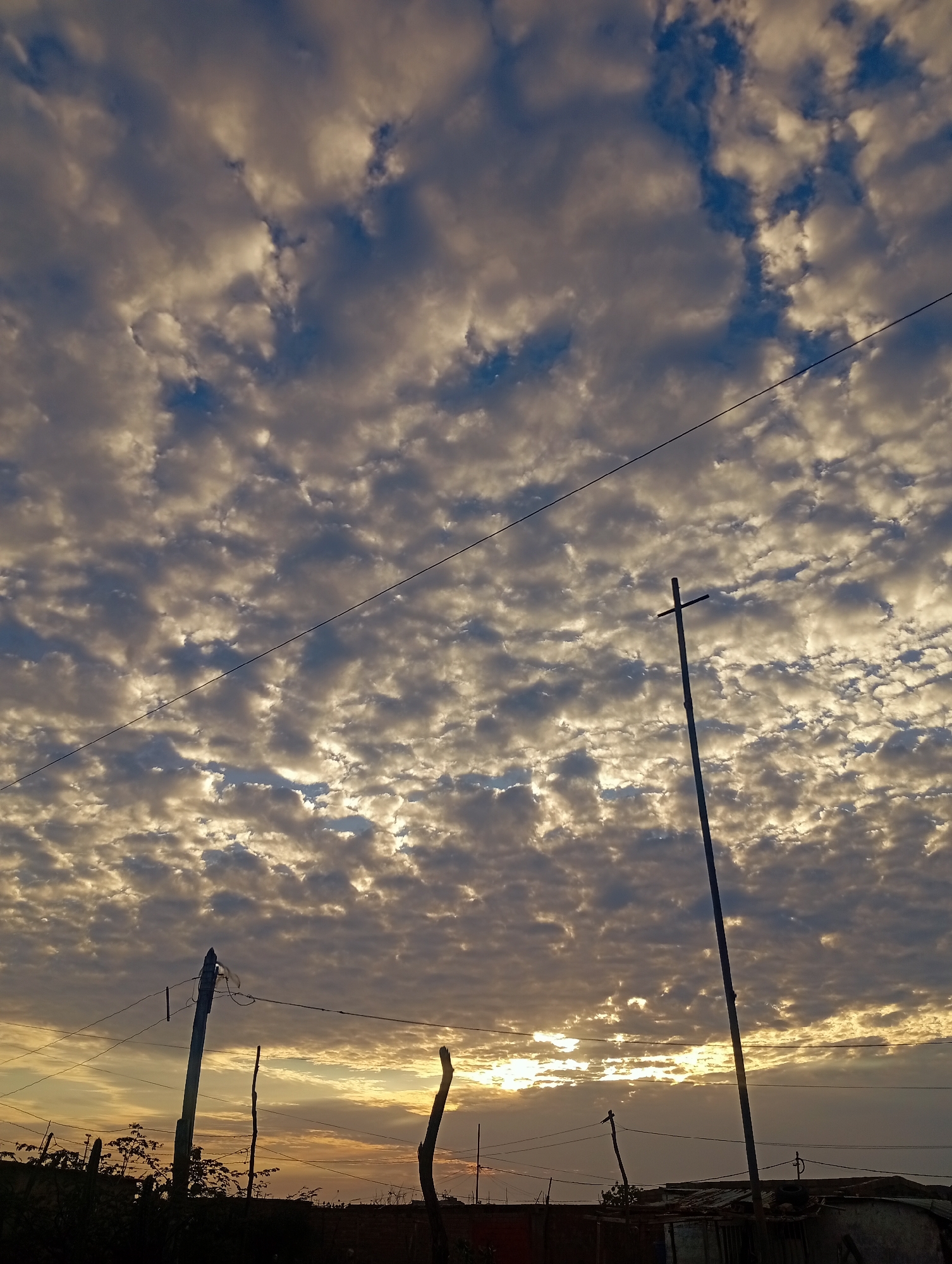The image shows a sky filled with altocumulus clouds illuminated by the setting sun. The location is Altagracia, Venezuela, as inferred from context. In the foreground, there are utility poles and electrical wires silhouetted against the bright sky. Below, there is a suggestion of low-lying vegetation and rooflines. No people are visible. The focus is on the cloud formation and the effect of the setting sun.