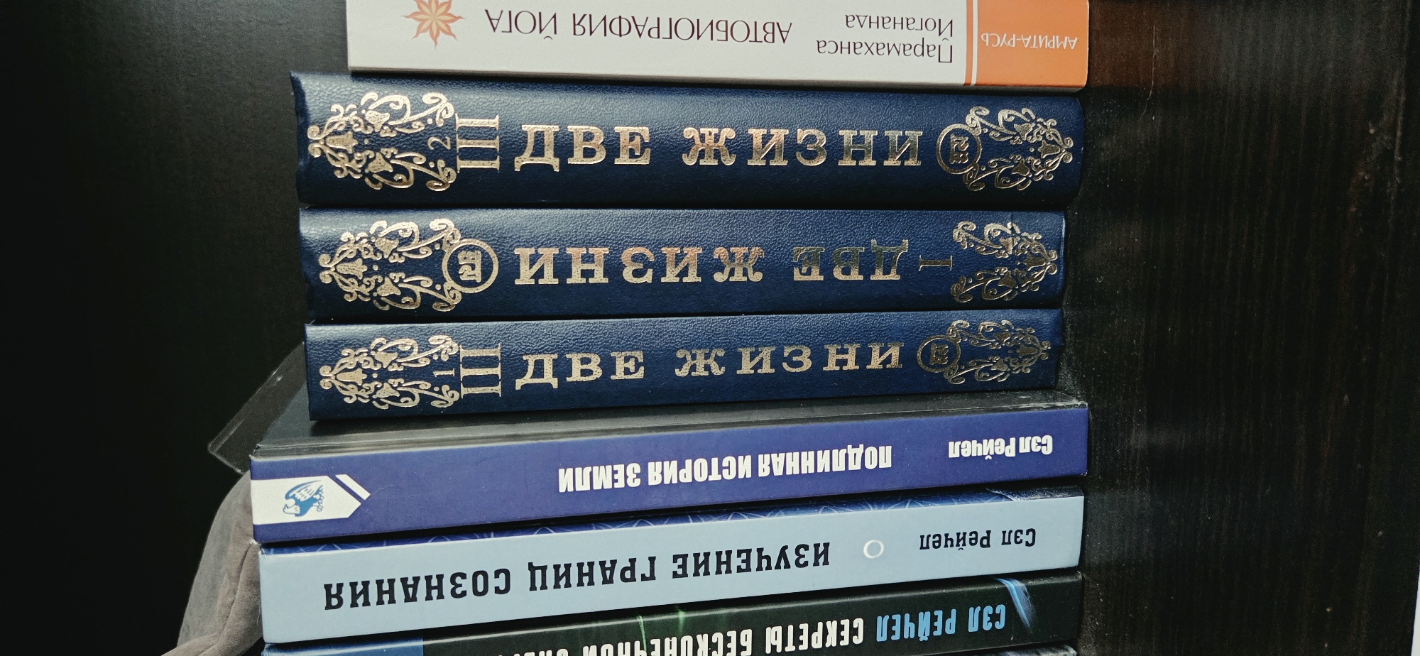 This media file is a close-up, top-down shot of a stack of books on a dark wooden surface. The books have various colored spines, with the top three being dark blue with ornate gold lettering and designs. The titles visible on these books include "ДВЕ ЖИЗНИ" (Two Lives) in what appears to be Russian Cyrillic. Below these, there are several books with lighter blue and light blue spines, also with visible text in Russian. The bottom-most book has a dark spine with white text.
The titles suggest that these are likely non-fiction books, possibly related to philosophy, spirituality, or history. The presence of "АВТОБИОГРАФИЯ ЙОГА" (Autobiography of a Yogi) and "Парамаханс Йогананда" (Paramahansa Yogananda) on the top book indicates a spiritual or philosophical theme. Other visible titles include "ИЗУЧЕНИЕ ГРАНИЦ СОЗНАНИЯ" (Study of the Boundaries of Consciousness) and "ПОДЛИННАЯ ИСТОРИЯ ЗЕМЛИ" (The True History of the Earth). The books are stacked neatly, suggesting an organized collection. The lighting is artificial and direct, highlighting the gold lettering on the blue books. The overall impression is that of a personal library or a bookstore shelf.
