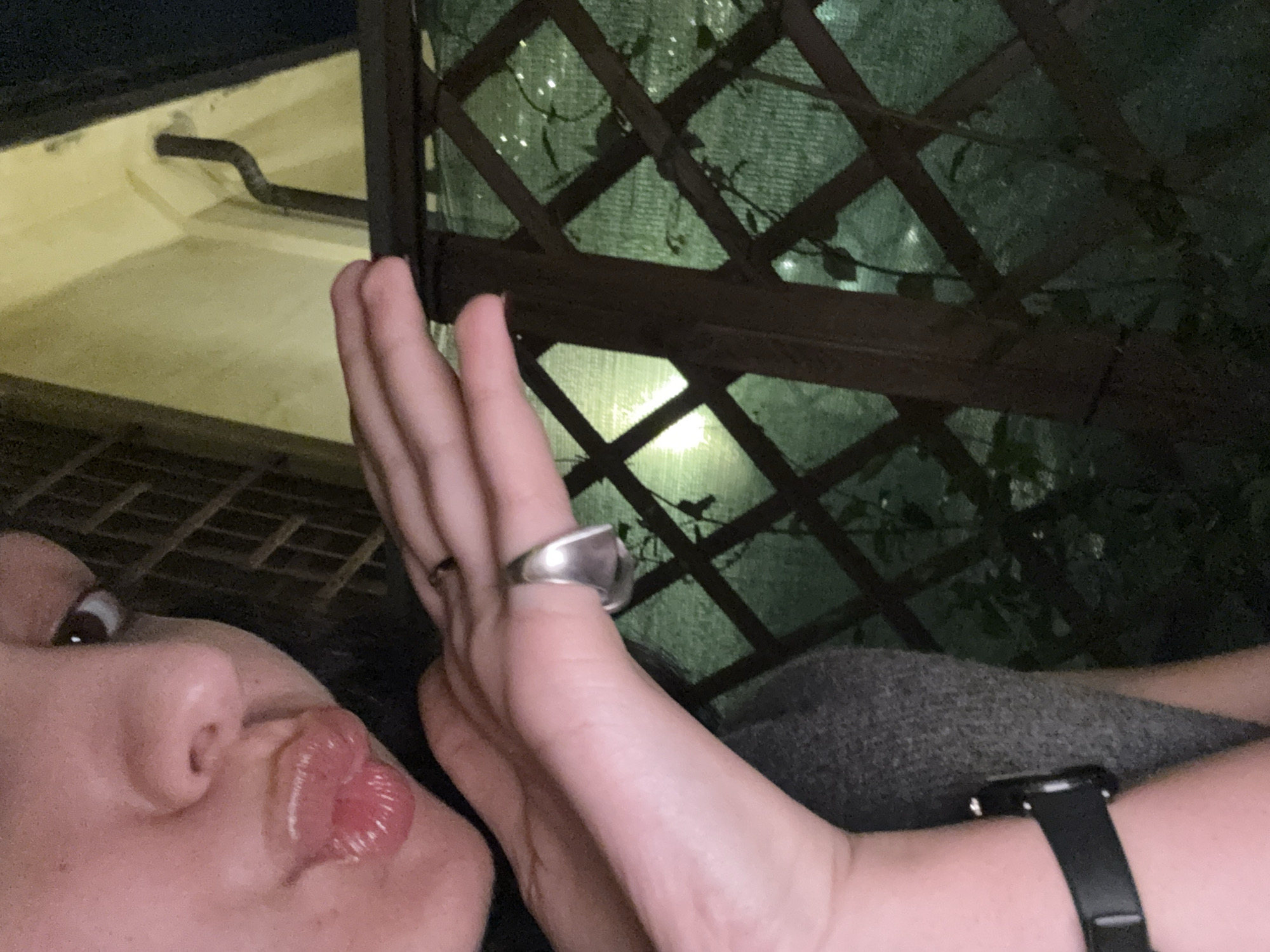 A close-up shot, likely taken at night, features a person's face and hand in the foreground. The individual is looking to the right, and their lips are slightly pursed. Their hand is raised, displaying a silver ring on one of the fingers. A black wristwatch is visible on their wrist.
Behind the person, there is a lattice structure. In the background, there is a yellow light source. The lattice may be part of a terrace, garden, or some other outdoor structure.
Without further details, it's impossible to confirm with certainty that this photo was taken in Milan, Italy.