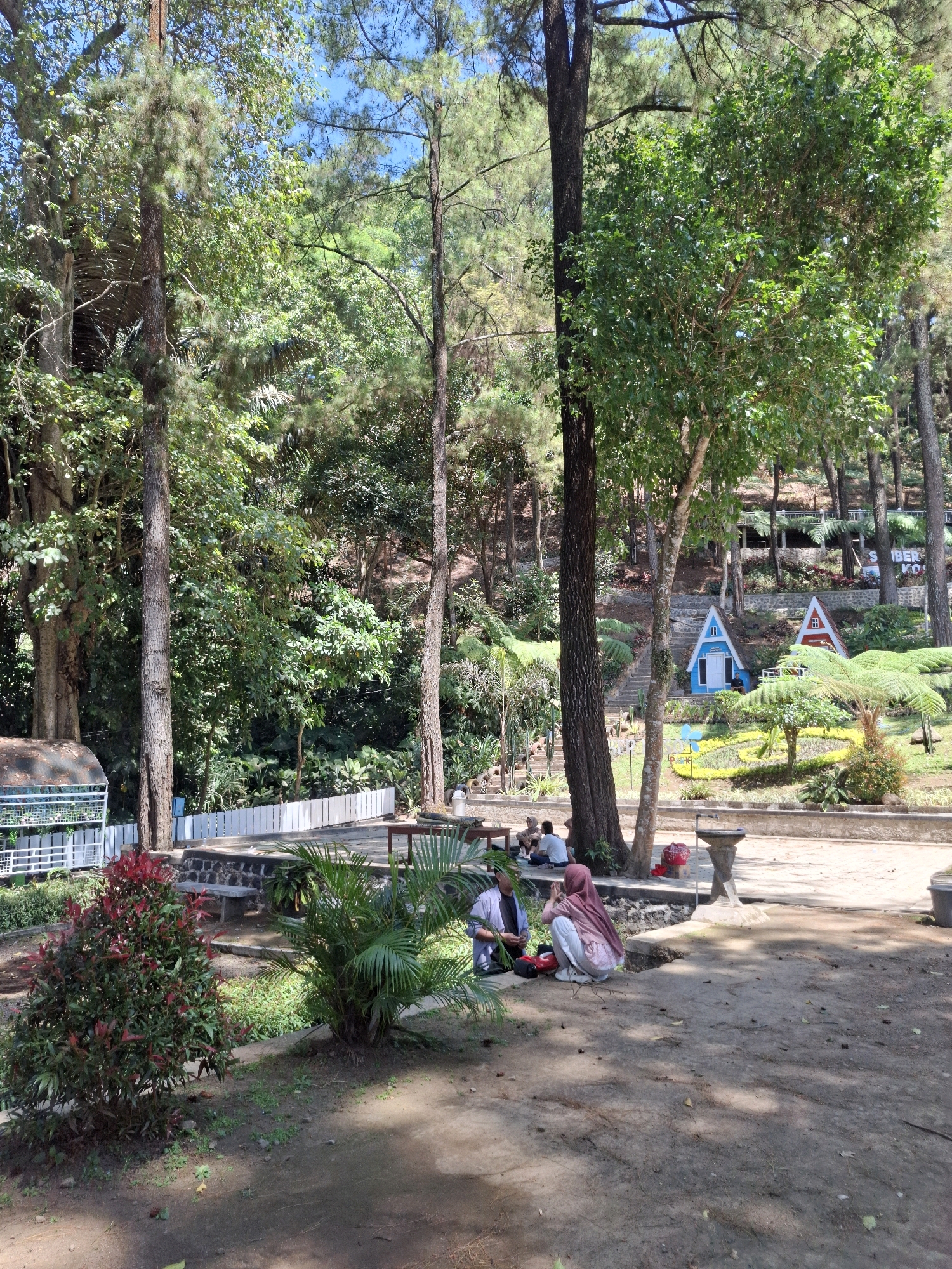The image depicts a park setting in Girikerto, Indonesia, characterized by lush greenery and tall trees under a clear blue sky. In the foreground, two individuals are seated on the ground, facing away from the camera, engaged in conversation. The person on the left wears a light blue collared shirt and black pants, while the person on the right wears a pink hijab and a patterned dress with white pants. Nearby, a red bag and a few leaves are scattered on the ground.
Behind them, a small palm-like plant and a bush with red-tipped leaves are visible. Further into the park, a white picket fence lines a raised path. Beyond the fence, several small, triangular-shaped houses with red and blue roofs are situated on a slope, reminiscent of a miniature village. Steps lead up the slope towards these structures. The environment is dotted with various types of trees, including pine trees, and fern-like plants. A stone water fountain is also present in the midground, near the seated individuals. In the background, the terrain rises, covered in dense vegetation and trees, suggesting a hilly or mountainous landscape typical of the region. The overall scene conveys a sense of peaceful outdoor recreation.