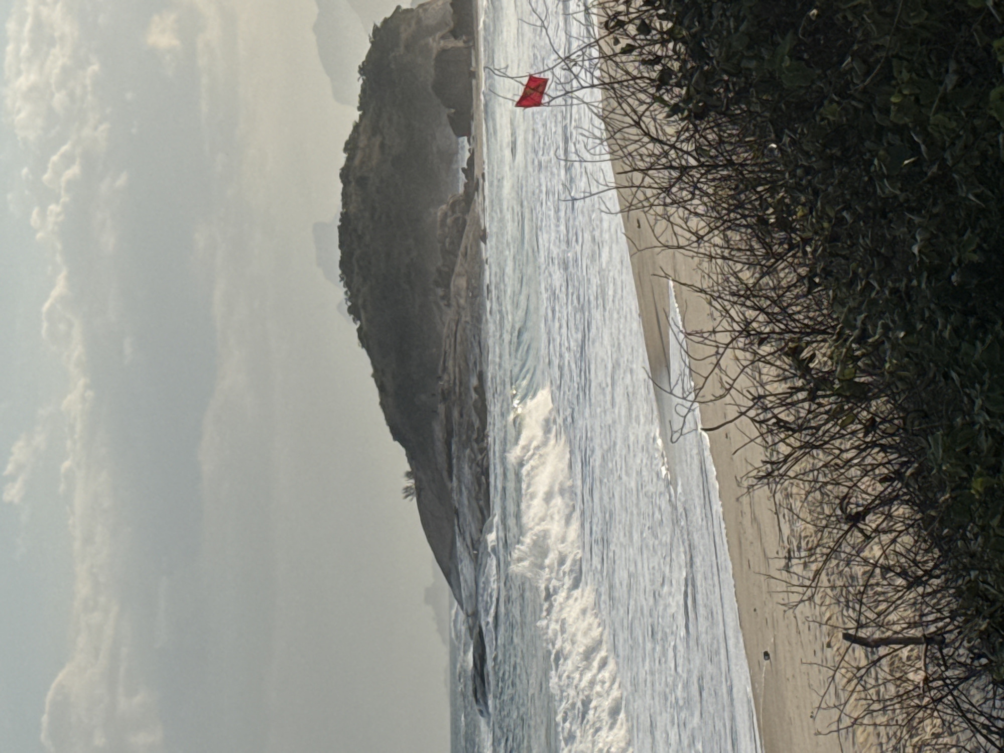 The image captures a view of Itacoatiara Beach in Niterói, Brazil. The scene is dominated by the ocean, with waves breaking on the shore. A large, rocky island with vegetation sits in the background, partially shrouded in mist. In the foreground, dry branches and green foliage are visible, framing the beach and ocean. A small red flag is planted in the sand near the water's edge, indicating a caution to swimmers. The sky is overcast with soft clouds, and the lighting suggests it is either early morning or late afternoon. No people are discernible in the image.