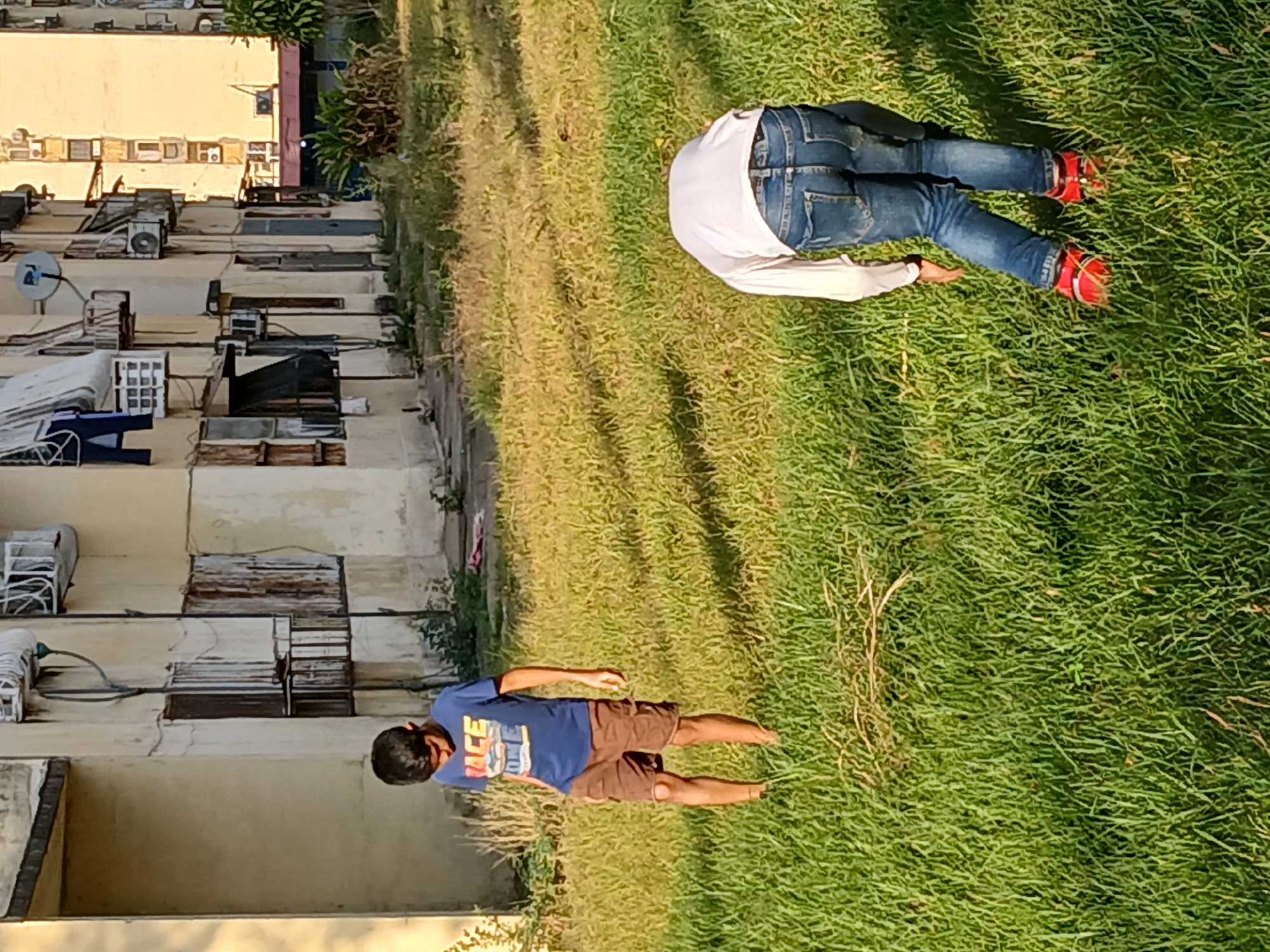 This outdoor media file, oriented correctly, depicts a grassy area next to multi-story buildings, likely in Ciudad Guayana, Venezuela. The scene appears to be set in the late afternoon or early morning, characterized by warm, direct sunlight casting shadows.
On the lush green grass, two individuals are visible. One person is lying face down, wearing a light-colored long-sleeve shirt, blue jeans, and distinctive red shoes. Their head is obscured by the grass. Closer to the buildings, a child stands upright, dressed in a blue t-shirt with the word "RACE" printed on it in white and orange letters, and brown shorts.
The buildings on the left are a prominent feature, displaying several windows, numerous external air conditioning units (both split and older models), and satellite dishes, suggesting a residential or mixed-use urban environment. Some areas of the buildings show signs of weathering, and various pipes, conduits, and metal grates are visible. Patches of bushes or small trees can be seen near the transition from the buildings to the grassy expanse. The overall atmosphere is calm, with no specific activity beyond resting or standing implied for the subjects.