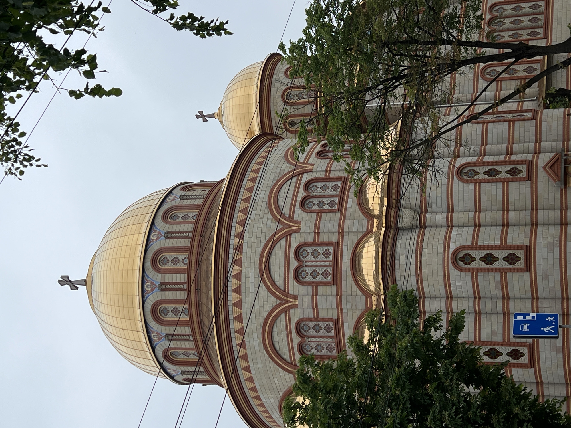 The image displays an upward-looking view of an ornate Eastern Orthodox church, characterized by two prominent golden domes topped with crosses. The church's facade is richly decorated with light-colored brick or stone, accented by reddish-brown trim and intricate patterns around arched windows and architectural layers. Gold detailing is visible throughout the decorative elements, particularly under the domes.
Green foliage from trees partially obscures parts of the church, appearing in the foreground and along the sides, suggesting the building is set amongst greenery. Dark power lines crisscross the sky and parts of the church structure. The sky is a uniform, light grey, indicating an overcast day or soft lighting conditions such as early morning or late afternoon.
On the right side of the image, a blue rectangular street sign is visible against the church wall, featuring white pictograms of a bus and two pedestrian figures, indicating a bus stop and pedestrian area. No discernible text is visible on the sign or elsewhere. The scene is set in Ternopil, Ukraine.