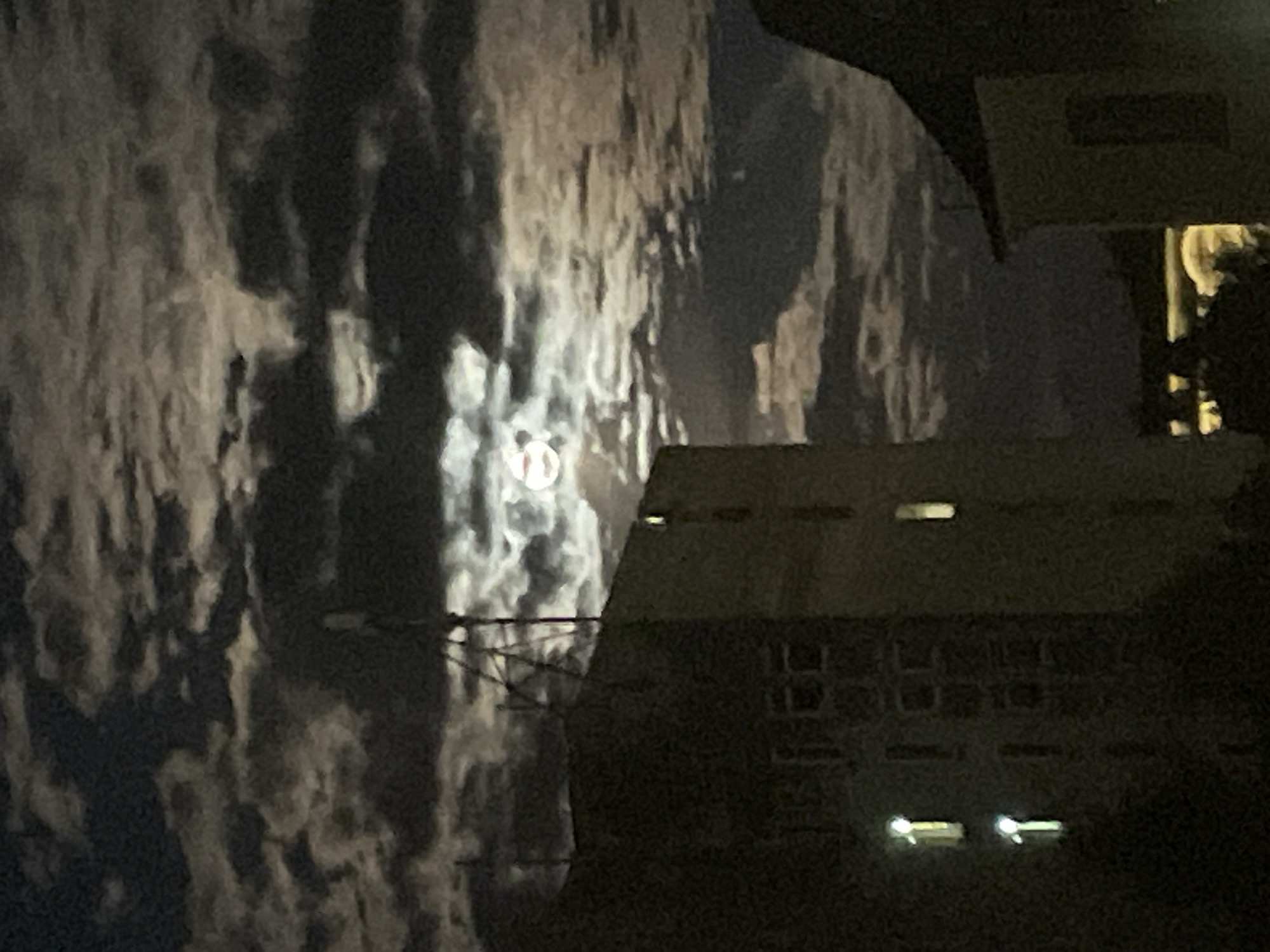 This is a nighttime, low-light, slightly out-of-focus photograph of a residential building in Sof'ino, Russia. The sky is dark with visible clouds illuminated by a bright, full moon. The moon is partially obscured by clouds. The building appears to be several stories tall, with some windows lit from within. A dark, silhouetted structure, possibly another building or rooftop, is visible to the right. A metallic antenna or tower is also present, extending above the building in the left mid-ground. The overall scene conveys a sense of night in an urban or semi-urban environment.