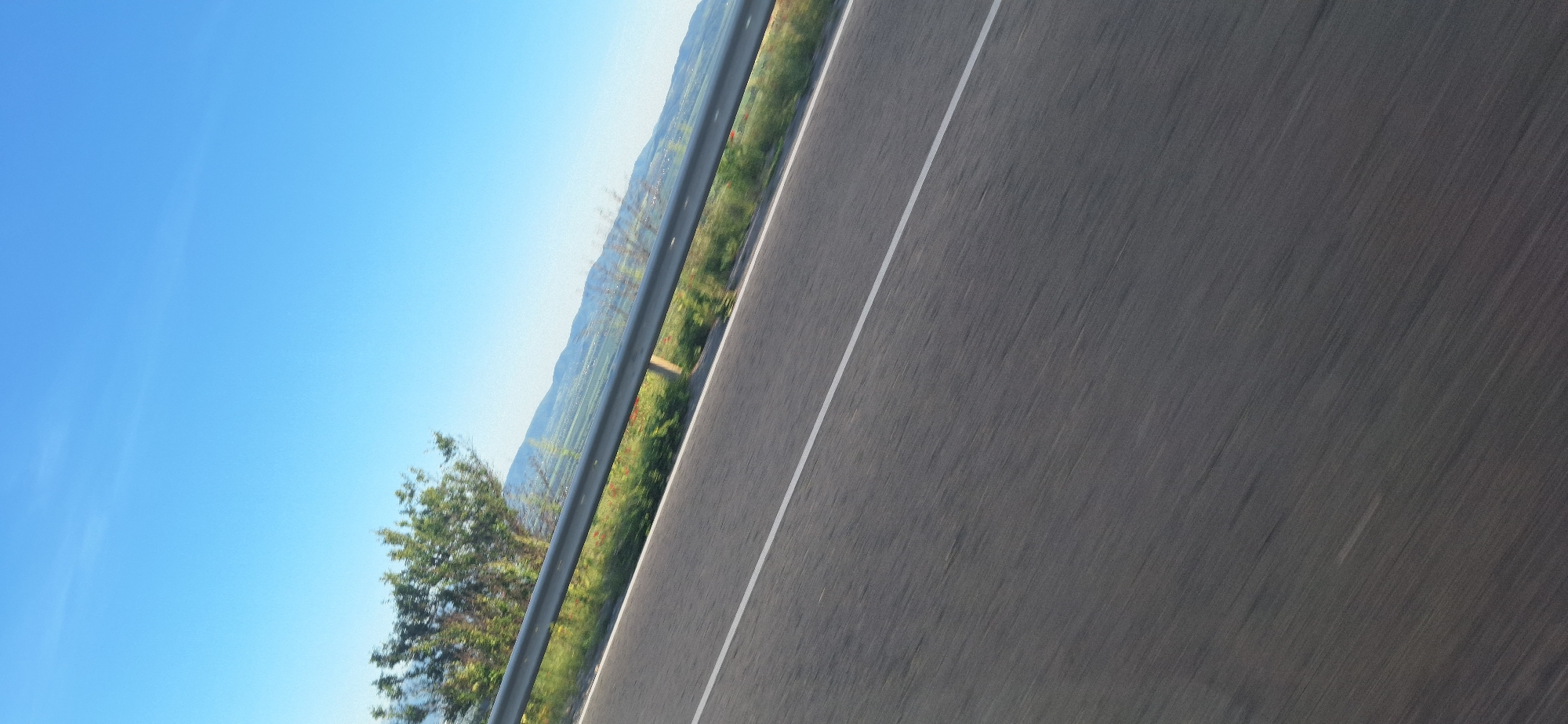 A tilted, high-angle shot shows a two-lane highway with a white dividing line. A guardrail runs along the left side of the road, separating it from a green hillside with vegetation and what appears to be red poppies scattered among the grass. In the distance, a hazy mountain range is visible under a clear blue sky. The image does not contain any visible people. The location is identified as Bogyovtsi, Bulgaria.