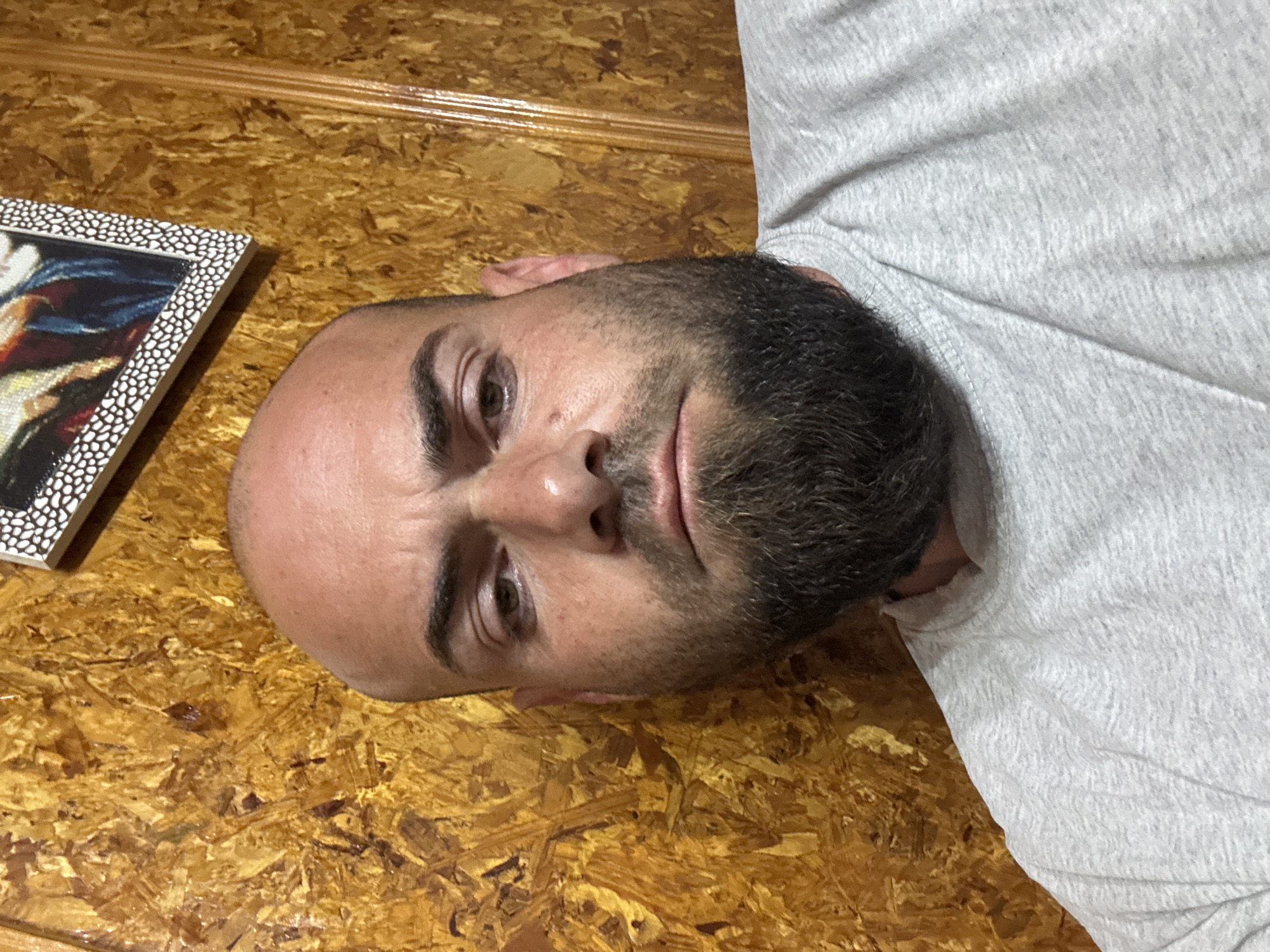 A bald man with a full beard is lying on a wood-paneled surface, wearing a light grey shirt. Next to his head is a framed picture with a speckled white frame and what appears to be an abstract painting inside. The location is unknown and there is no reference to the city of Sarnevo, Bulgaria.