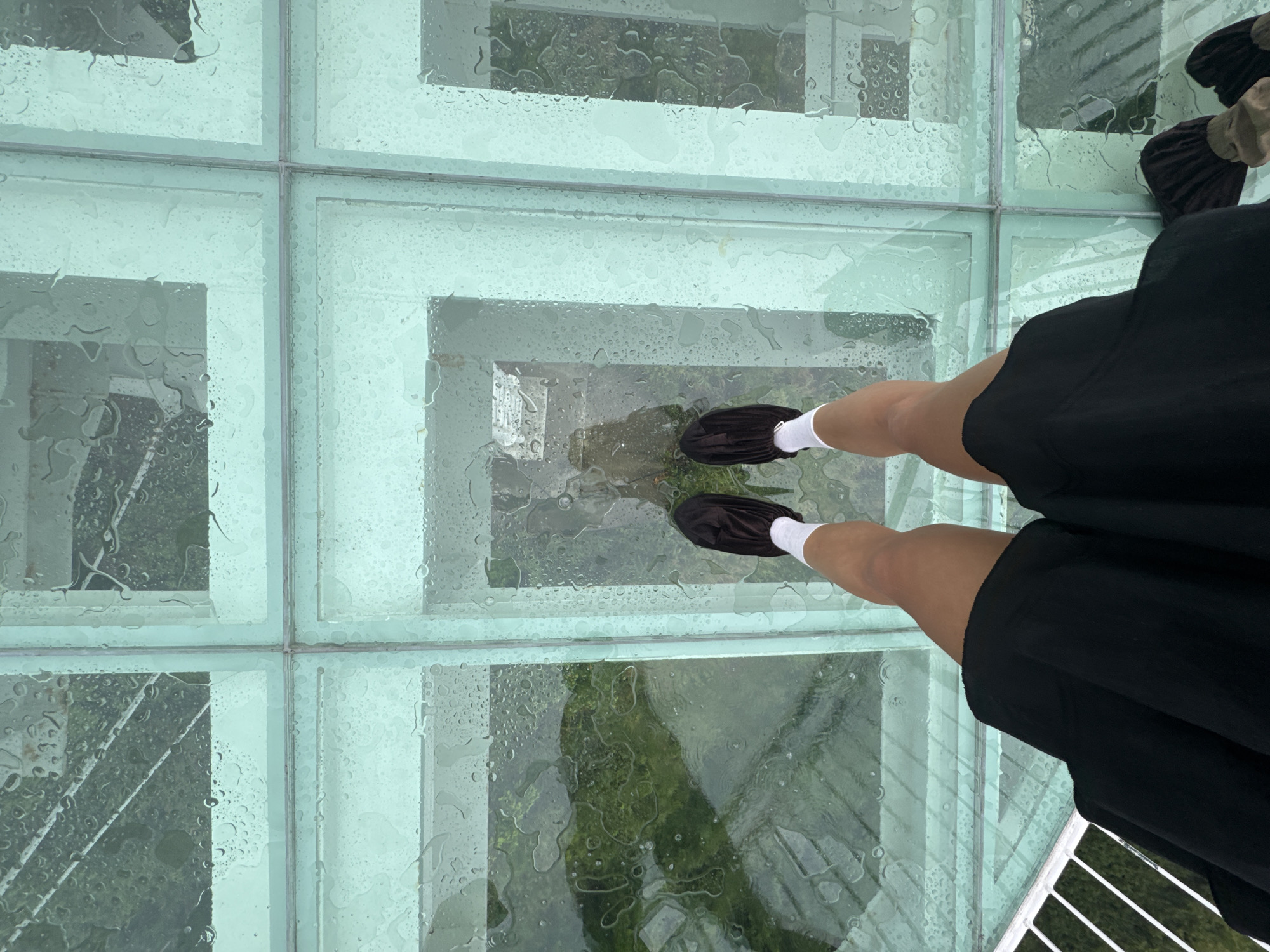 An overhead, downward-angled shot captures a person's legs and feet as they stand on a transparent glass floor. The individual wears a black skirt or shorts, white ankle socks, and dark, flat shoes or slippers. The glass floor is composed of multiple square or rectangular panels framed by light-colored structural supports.
The surface of the glass is covered in numerous raindrops and water streaks, indicating that it is raining or has recently rained. Through the wet glass, green foliage, possibly trees or bushes, is visible far below, suggesting a significant height. Some abstract patterns and reflections are also discernible beneath the glass, which could be parts of the underlying structure or further distant scenery. The scene evokes an outdoor, elevated walkway or observation deck, consistent with attractions found in scenic locations such as Đà Nẵng, Vietnam. No discernible text is present in the image.