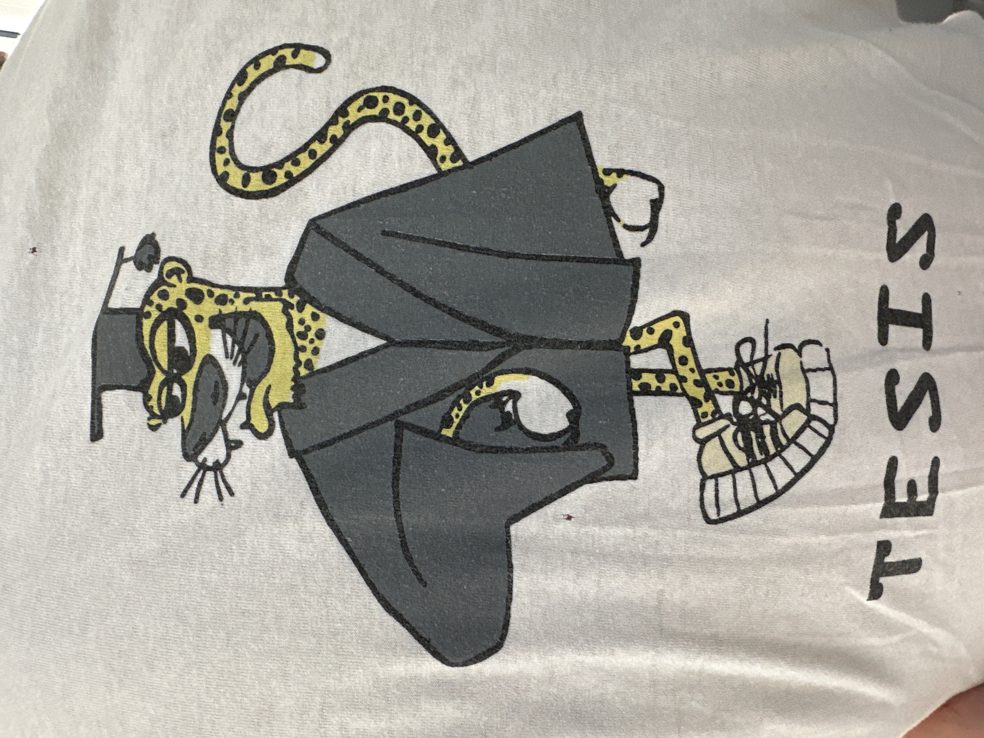 This image is a close-up of a white t-shirt with a printed graphic. The graphic depicts a cartoon leopard wearing a graduation cap and gown. The leopard has yellow fur with black spots, a yellow mane, and black facial features. It is standing on one leg, with its other leg bent, and its tail is curled. The leopard is also wearing sneakers. Below the leopard graphic, the word "TESIS" is printed in black capital letters. The image does not contain any information about the city of Moortown, Ireland.