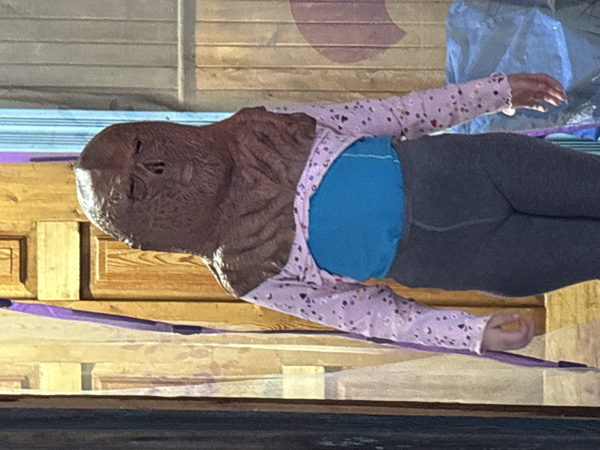 A person wearing a grotesque mask is lying on their side on a surface made of wooden planks. The person is wearing a long-sleeved pink shirt with dark spots on it, a blue tank top, and gray leggings. The surface the person is lying on is uneven, with some sections higher than others. A strip of purple material runs beneath the person. The background includes a partially obscured wall with a faded red circle on it and some rumpled blue fabric. The scene appears to be indoors. No information confirms the location is in Zheleznodorozhny, Russia.