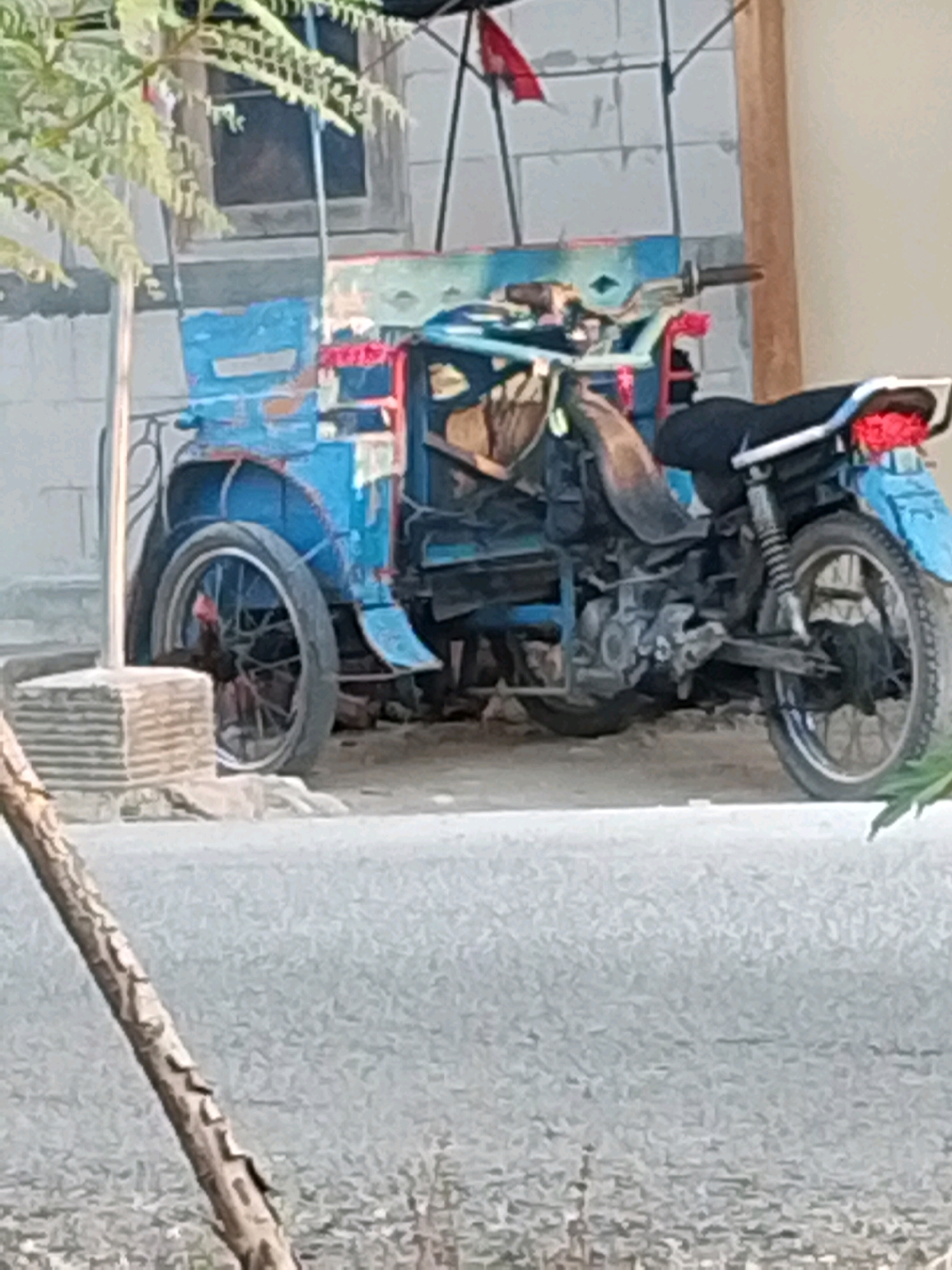 A three-wheeled motorcycle, painted predominantly blue with red and yellow accents, is parked outdoors in Wadang, Indonesia. The vehicle appears to be modified, with a cargo area attached to the rear. The motorcycle has a black seat and a black fender on the rear wheel, which is silver with black spokes. The front wheel is also silver with black spokes. A red flag is visible on a pole behind the motorcycle. The background shows a building with a gray tiled exterior and a window. A portion of a tree with green leaves is in the foreground on the left. The ground is paved.
