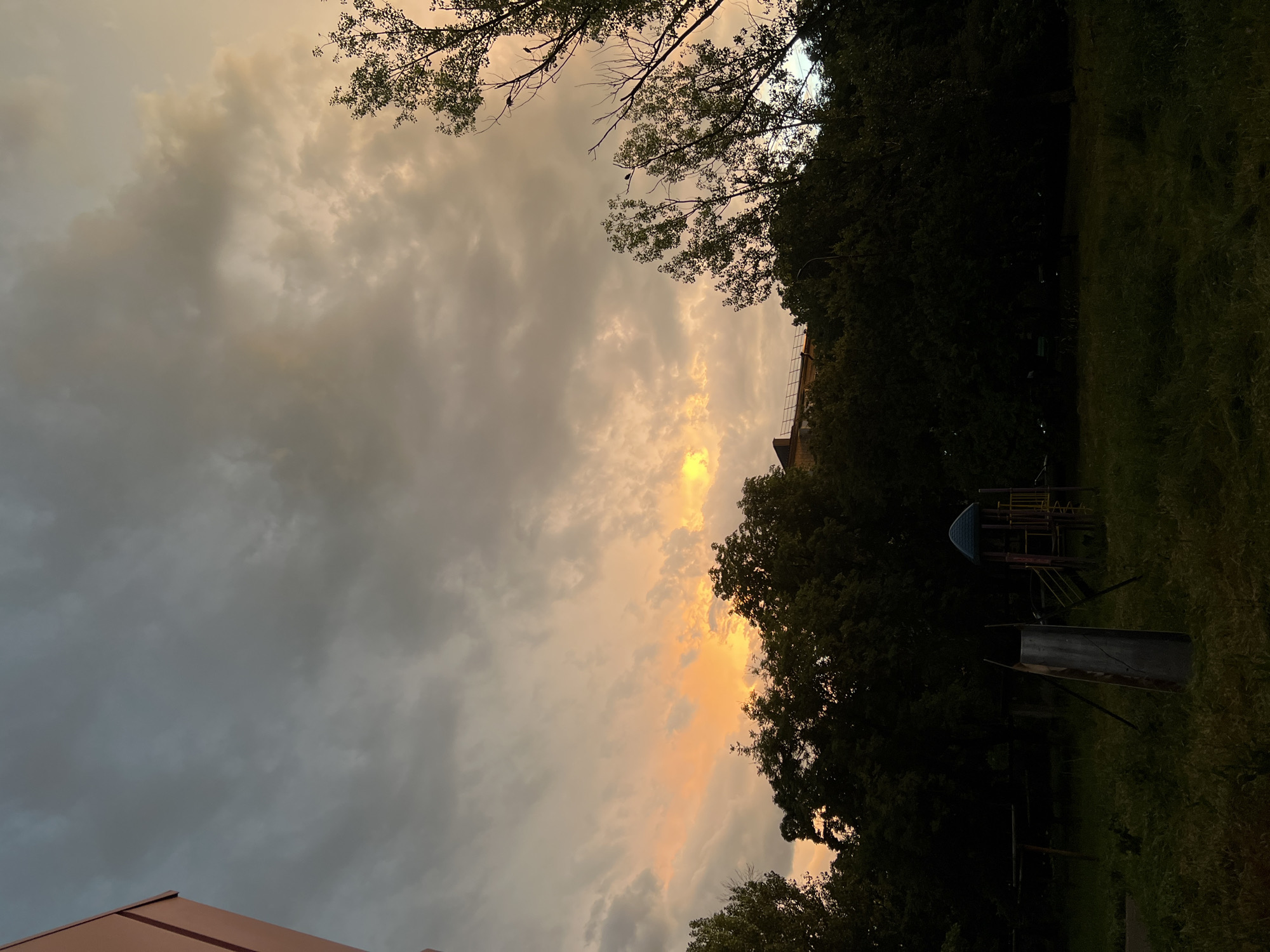 The image depicts an outdoor scene at dusk, likely in an urban or suburban area. In the foreground, a grassy field with overgrown vegetation is visible, with a metal slide and a portion of a playground structure in the center. The background is dominated by a dense line of dark green trees. Above the trees, the sky is filled with dramatic clouds, tinged with orange and yellow hues from the setting sun, creating a contrast with the darker, gray clouds. On the far left, a corner of a building, possibly a residential building with pinkish-red siding, is visible. On the right side of the image, silhouetted trees with thinner branches extend upwards towards the sky, and two small birds are perched on branches. In the distance, the upper section of a building with a railed walkway can be seen peeking above the tree line. The overall atmosphere is serene and somewhat melancholic due to the fading light. The location is identified as Ленинский, Russia.