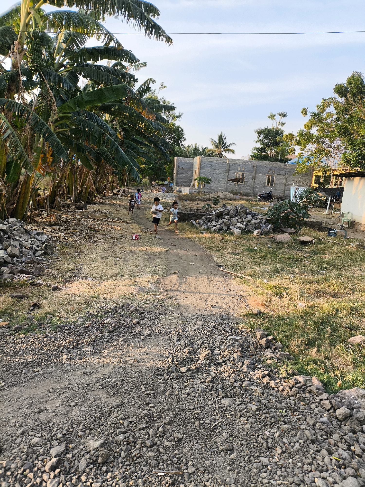 In a rural setting, likely on the outskirts of a city in Indonesia, children play on a dirt path lined by banana trees. The path is uneven and strewn with rocks and debris, indicative of an unpaved rural road. In the background, a house under construction, made of concrete blocks, stands unfinished. The environment suggests a developing area with a mix of natural and constructed elements. The sky is clear, and the sun casts long shadows, indicating it is likely late afternoon.
