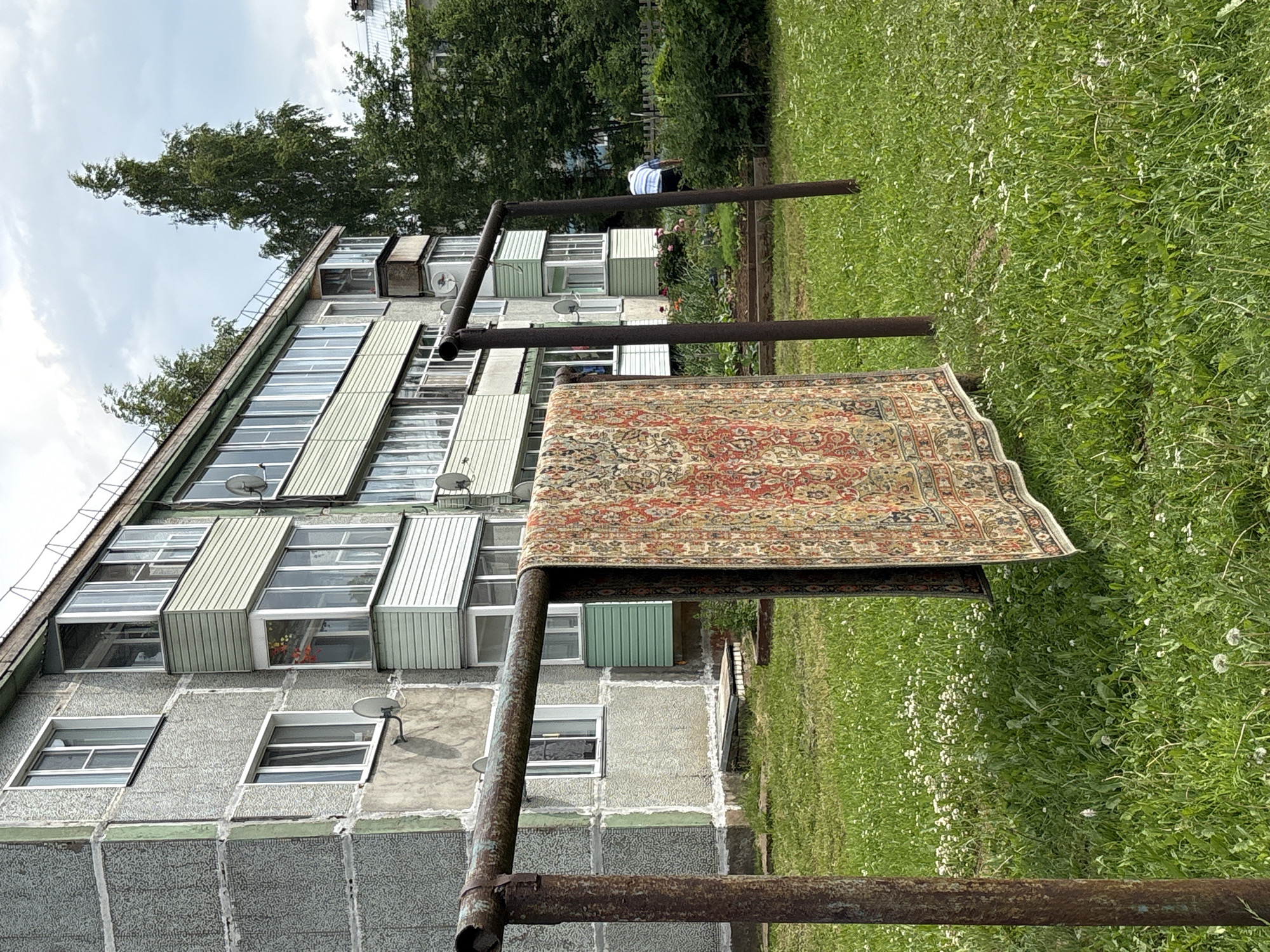 An outdoor scene in Kumyony, Russia, features a Soviet-era apartment building with a gray, textured facade and green trim. In the foreground, a large, ornate rug with red and beige patterns hangs from a rusty metal clothesline supported by two posts. The rug is suspended over a grassy yard dotted with small white wildflowers and dandelions. To the right of the clothesline, a person wearing a blue and white striped shirt and dark pants is tending to a garden bed. The garden contains various plants and flowers, bordered by a wooden fence. A tall, slender birch tree is visible behind the apartment building. The sky is overcast with scattered clouds.