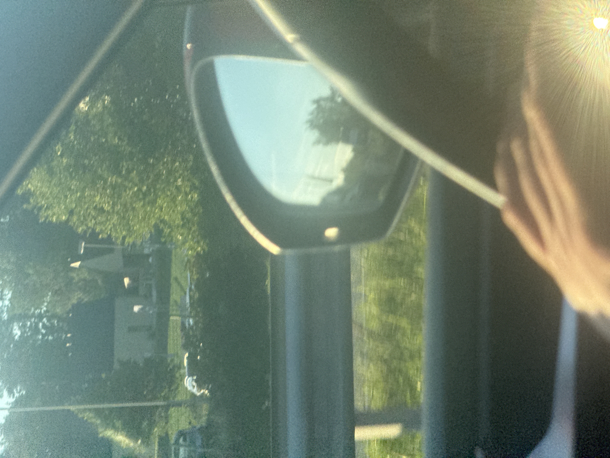 A hand is visible on the steering wheel of a car, with a side-view mirror reflecting a blue sky and trees. Outside the car, a guardrail separates the road from a grassy area with trees and a house. The image appears to be taken on a sunny day, with lens flare present.